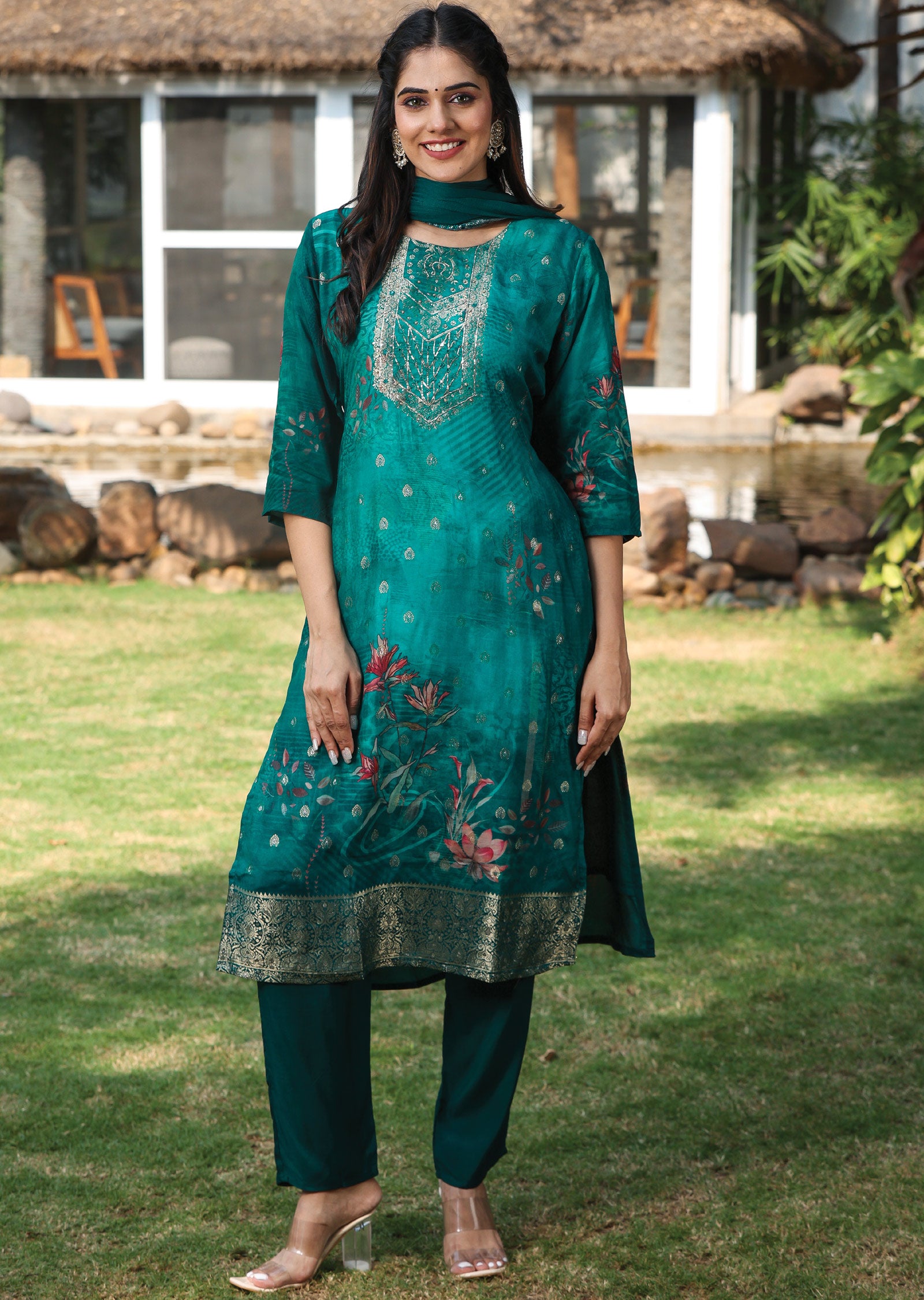 Rama Blue Paithani Silk Pant Suit