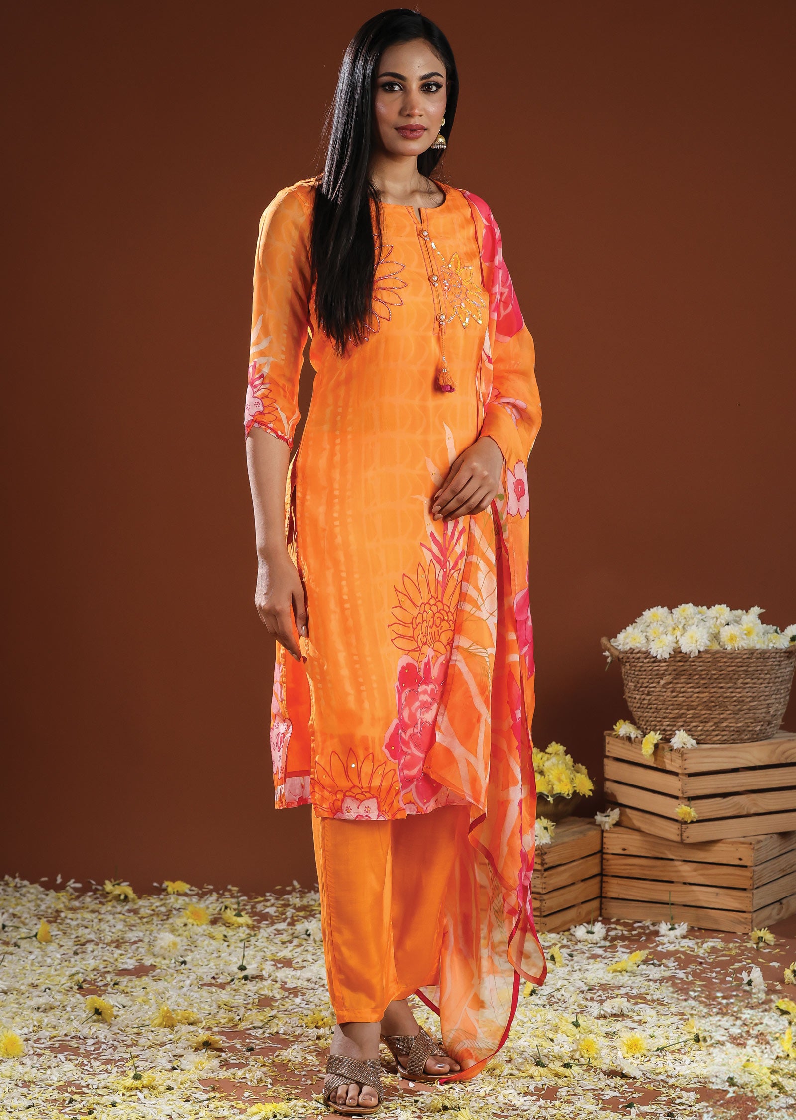 Orange Organza Straight Cut Suit