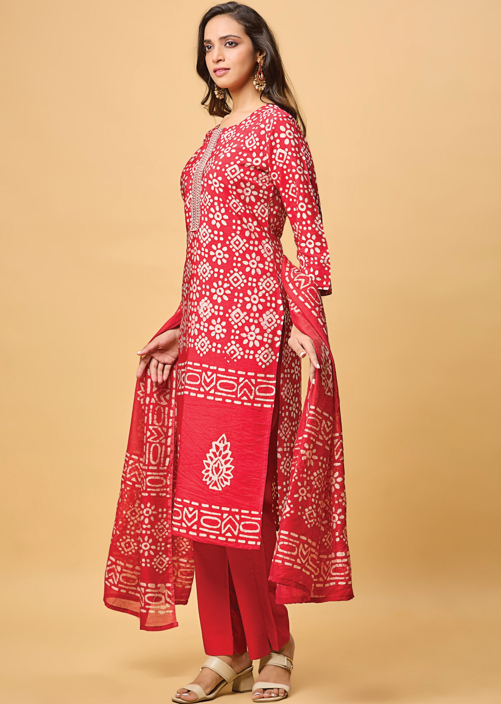 Red Chanderi Silk Straight Cut Suit