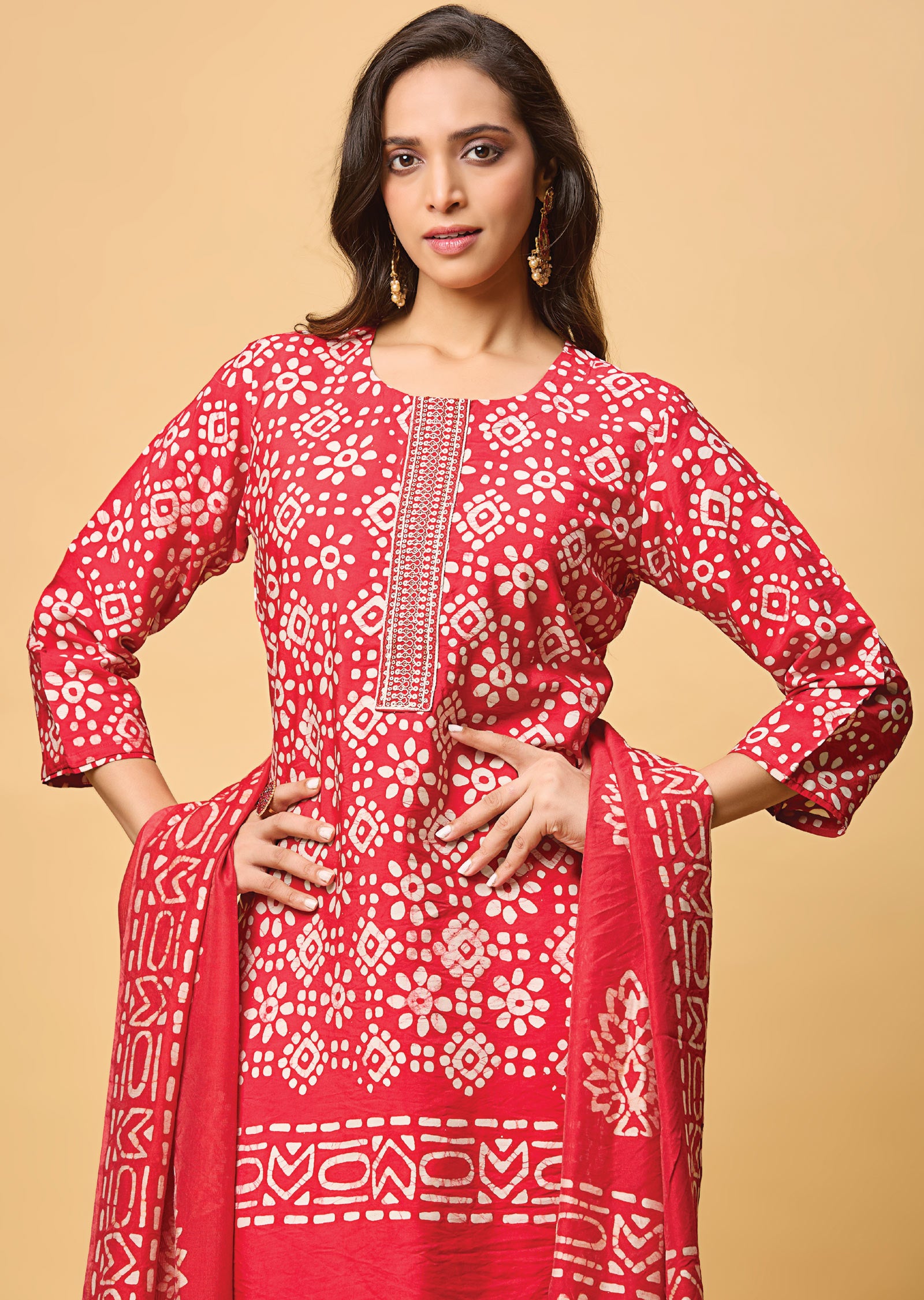 Red Chanderi Silk Straight Cut Suit