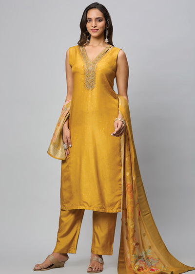 Mustard Banaras Straight Cut Suit