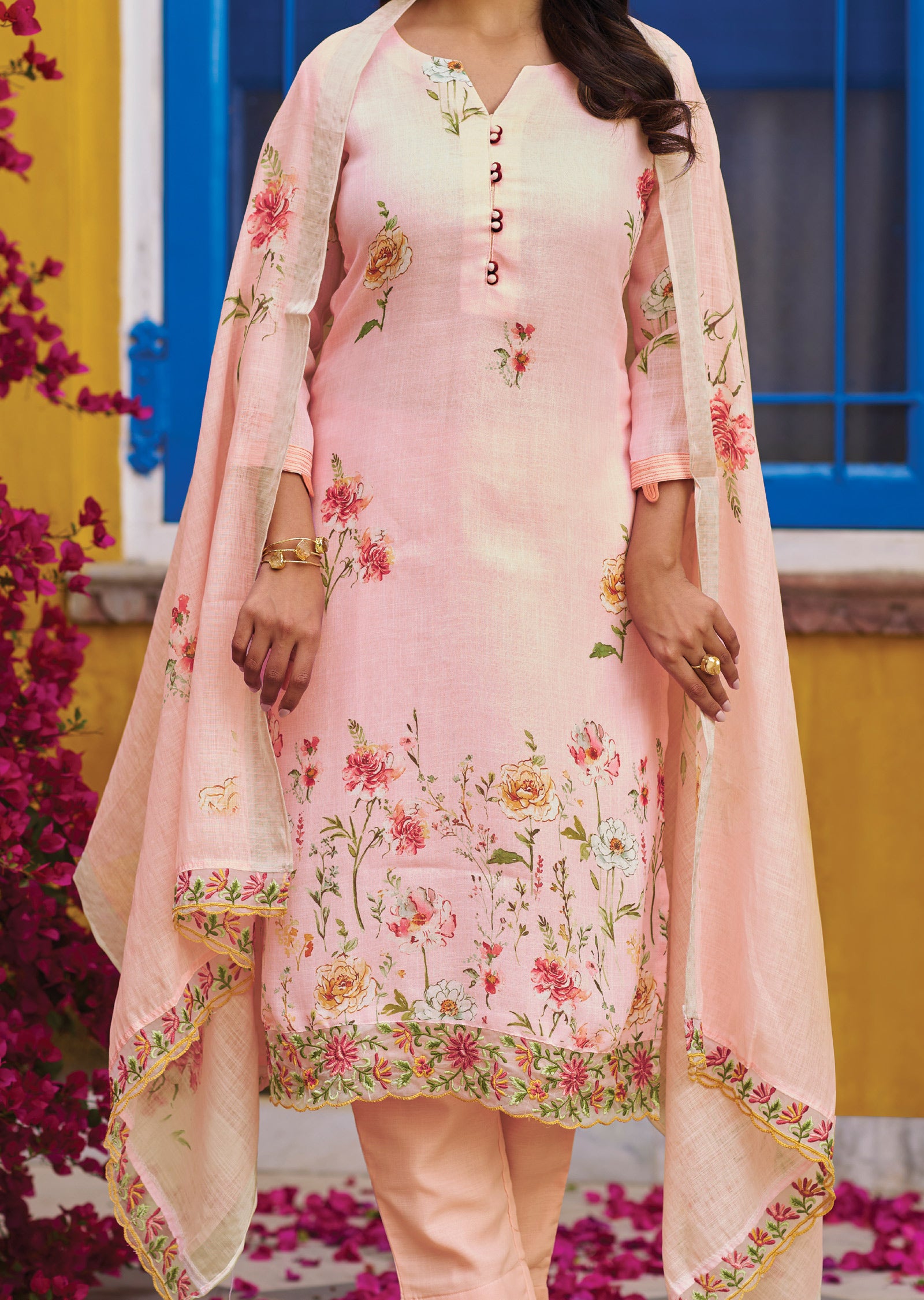 Baby Pink Cotton Straight Cut Suit