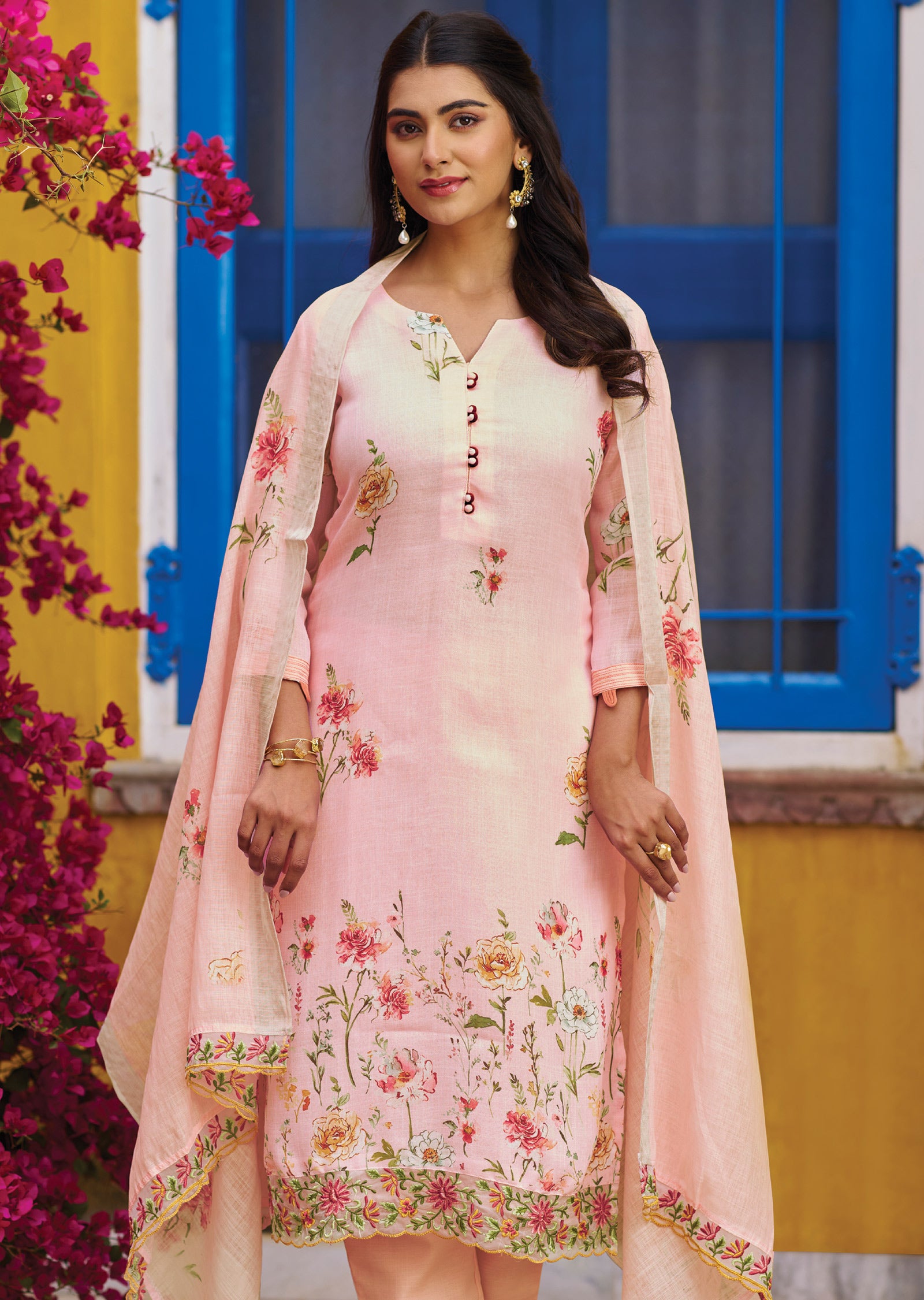 Baby Pink Cotton Straight Cut Suit