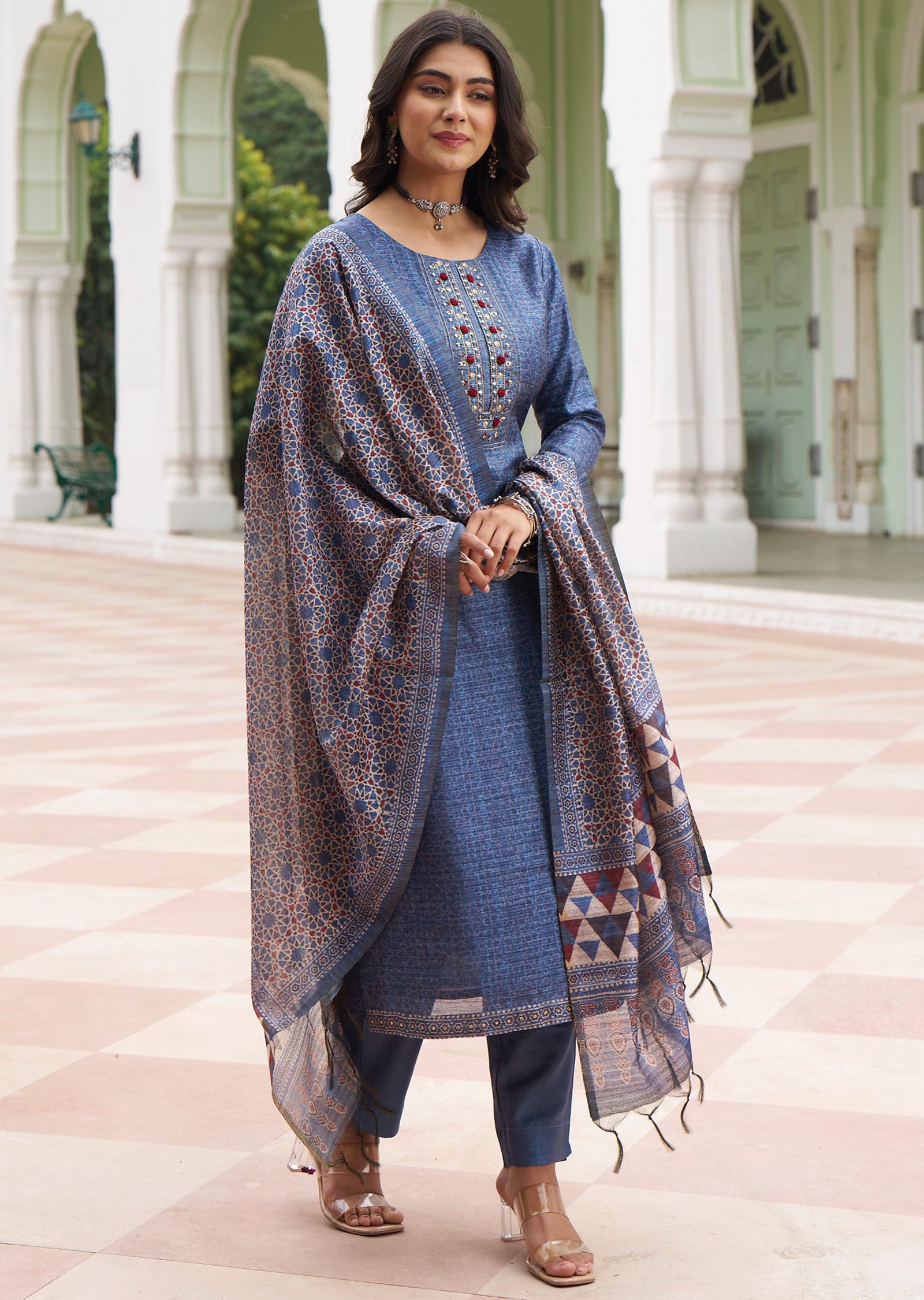 Greyish Blue Tussar Silk Straight Cut Suit