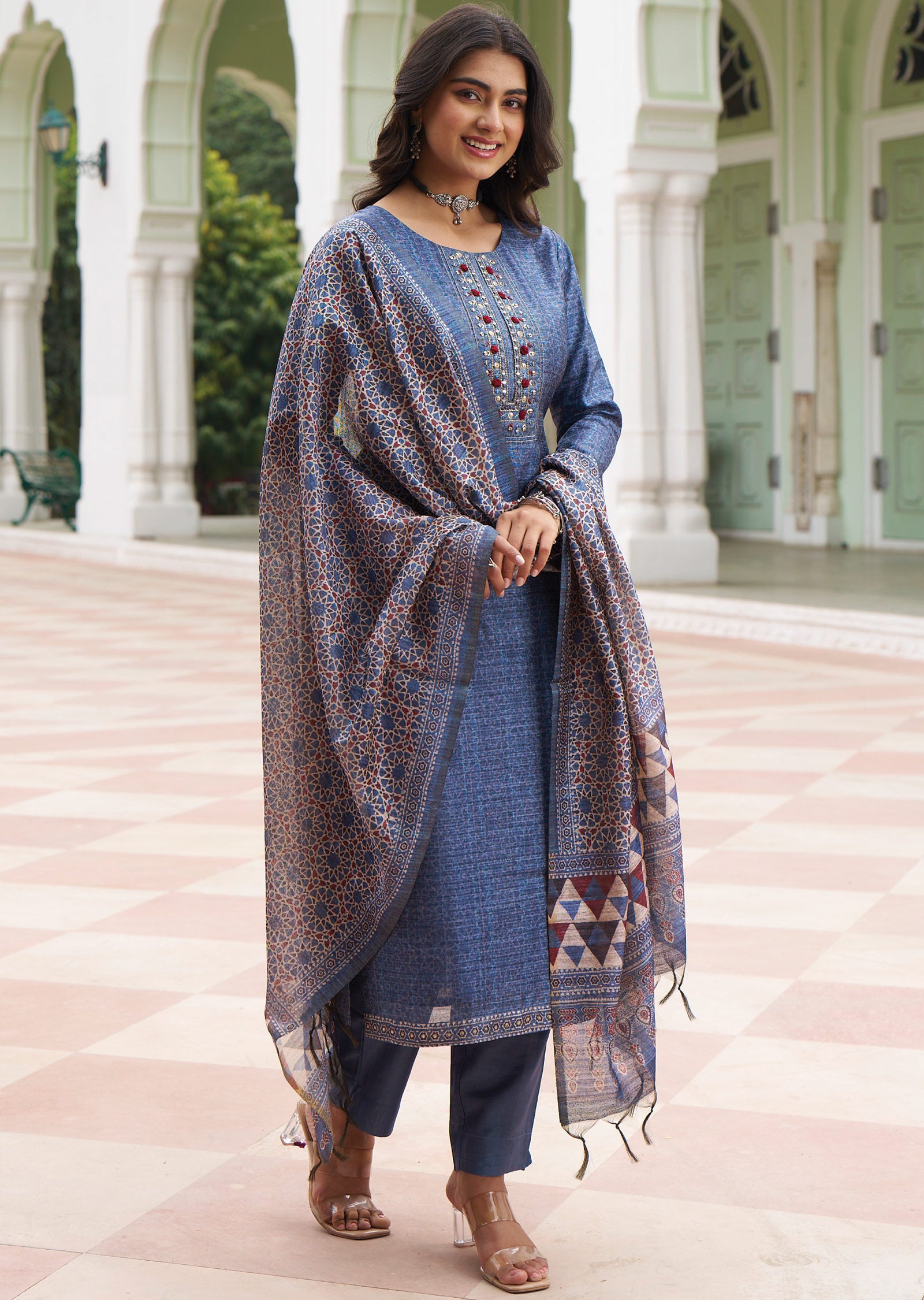 Greyish Blue Tussar Silk Straight Cut Suit