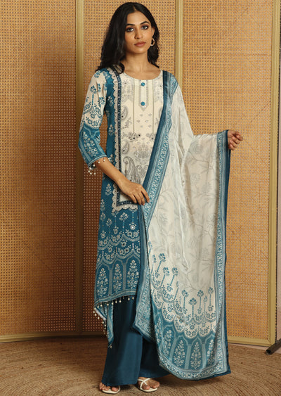 Blue & Beige Crepe Straight Cut Suit