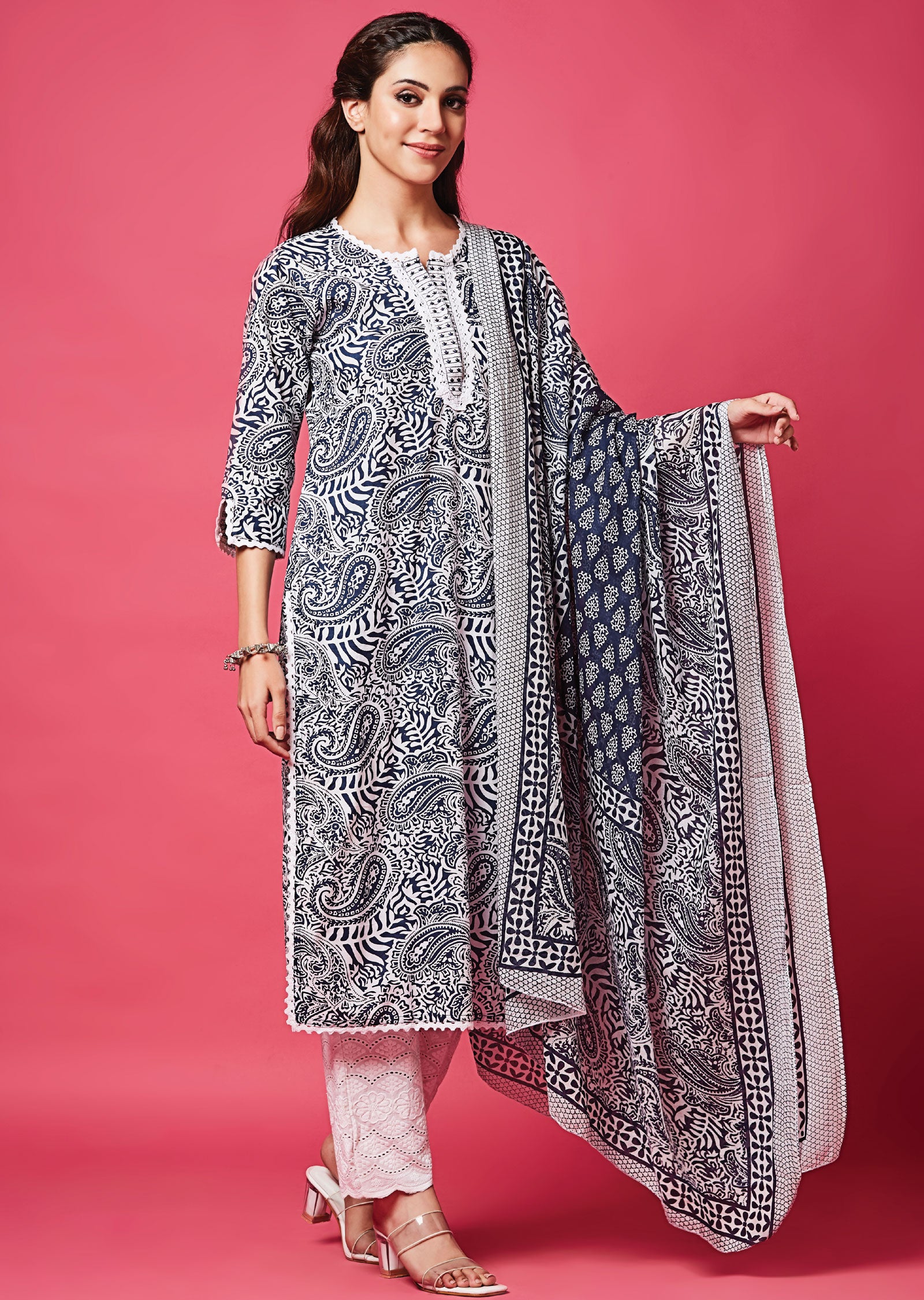 Teal Blue & White Cotton Straight Cut Suit
