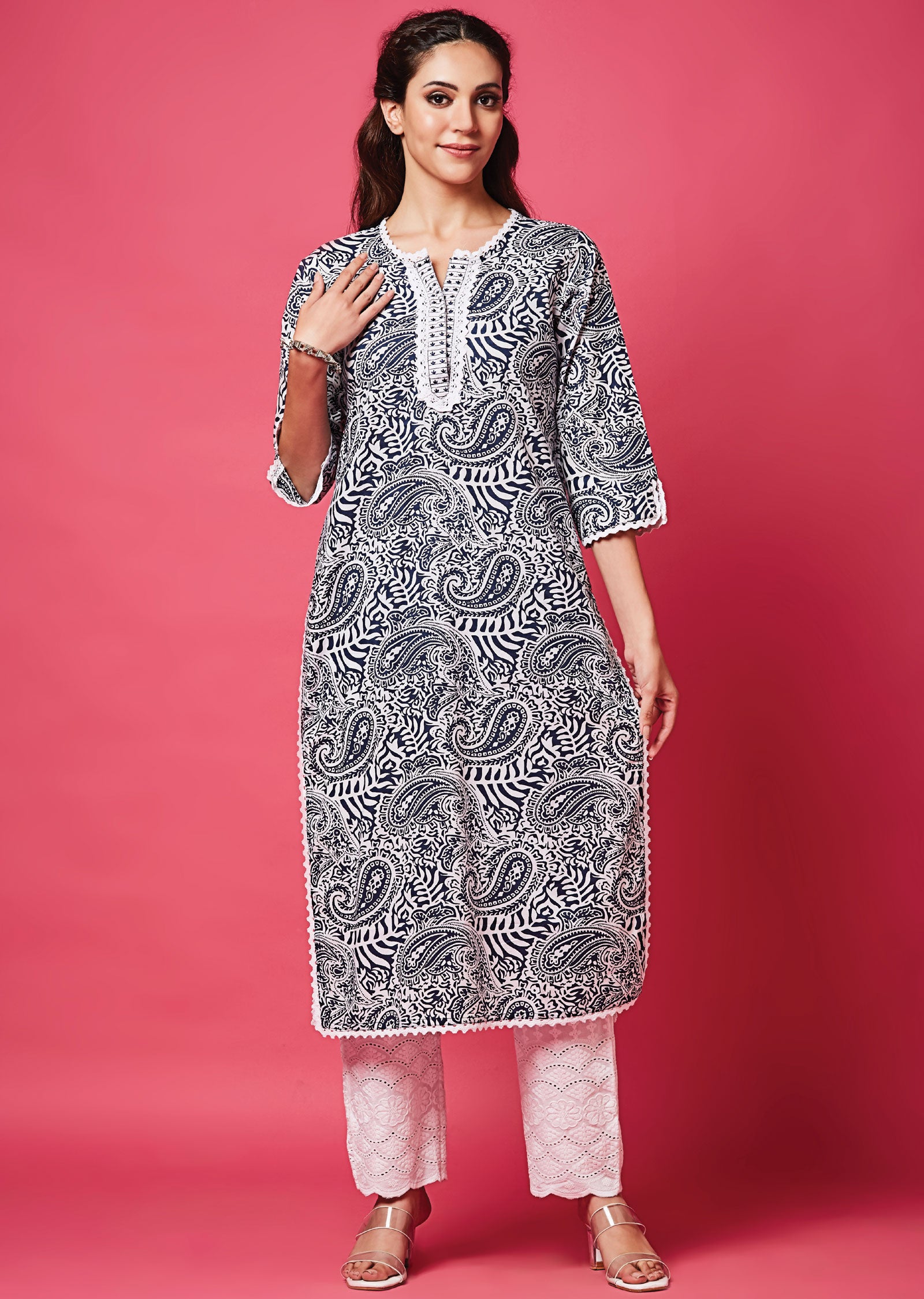 Teal Blue & White Cotton Straight Cut Suit