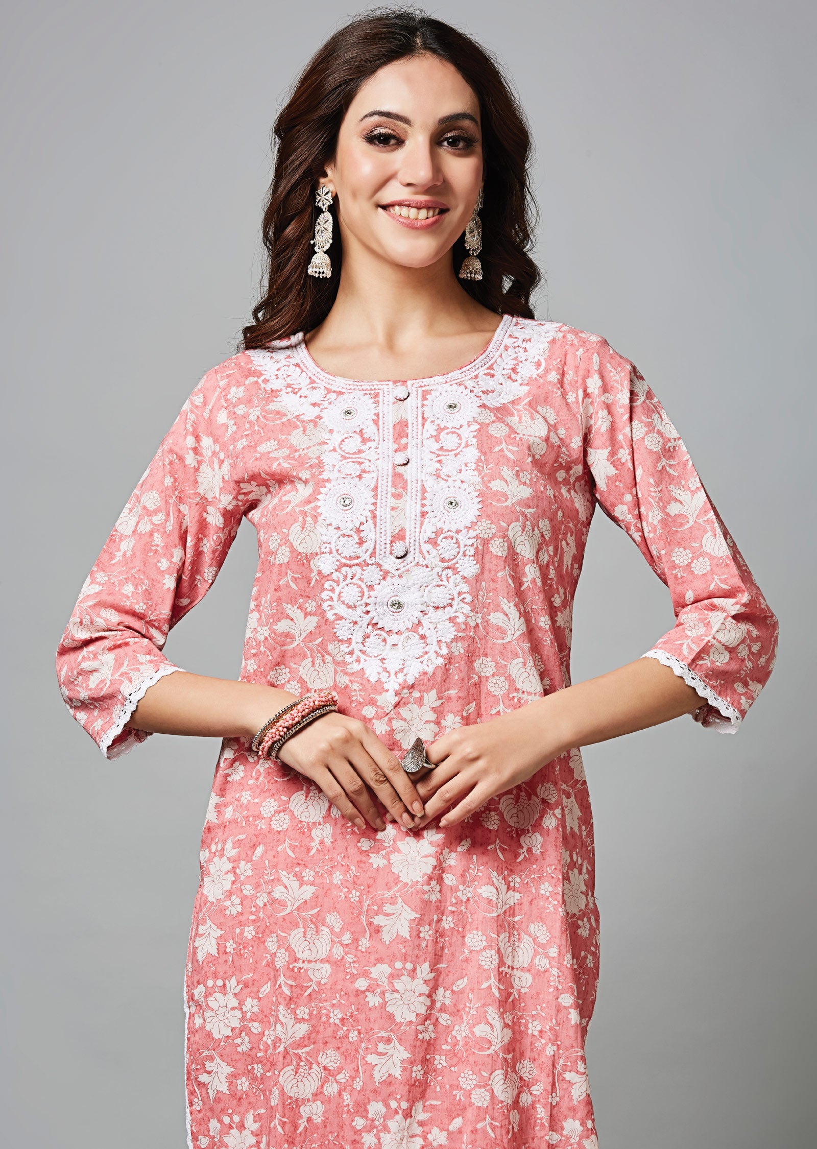 Pink Cotton Straight Cut Suit