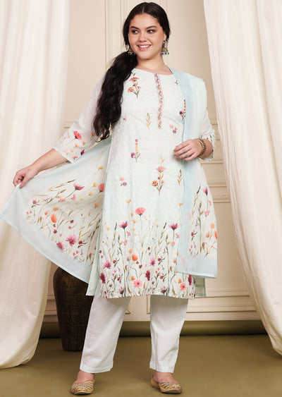 Light Sea Green Schiffli Cotton Straight Cut Suit