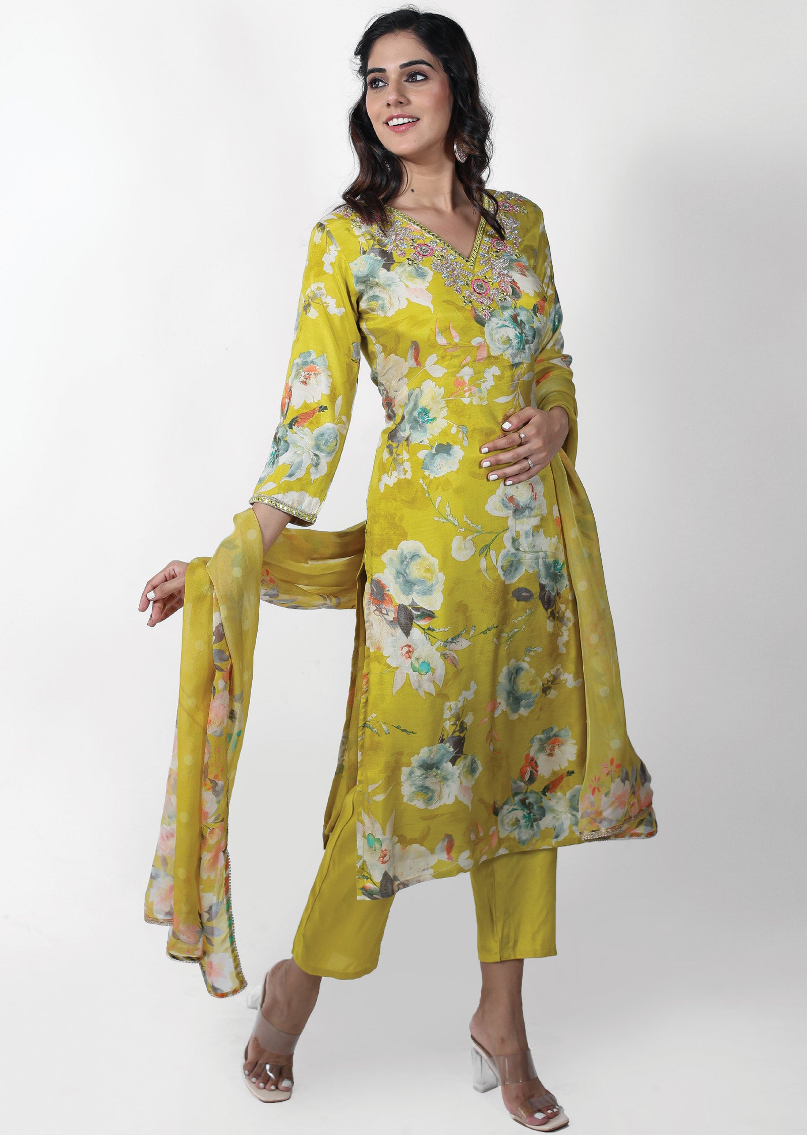 Mustard Modal Printed Straight cut suits