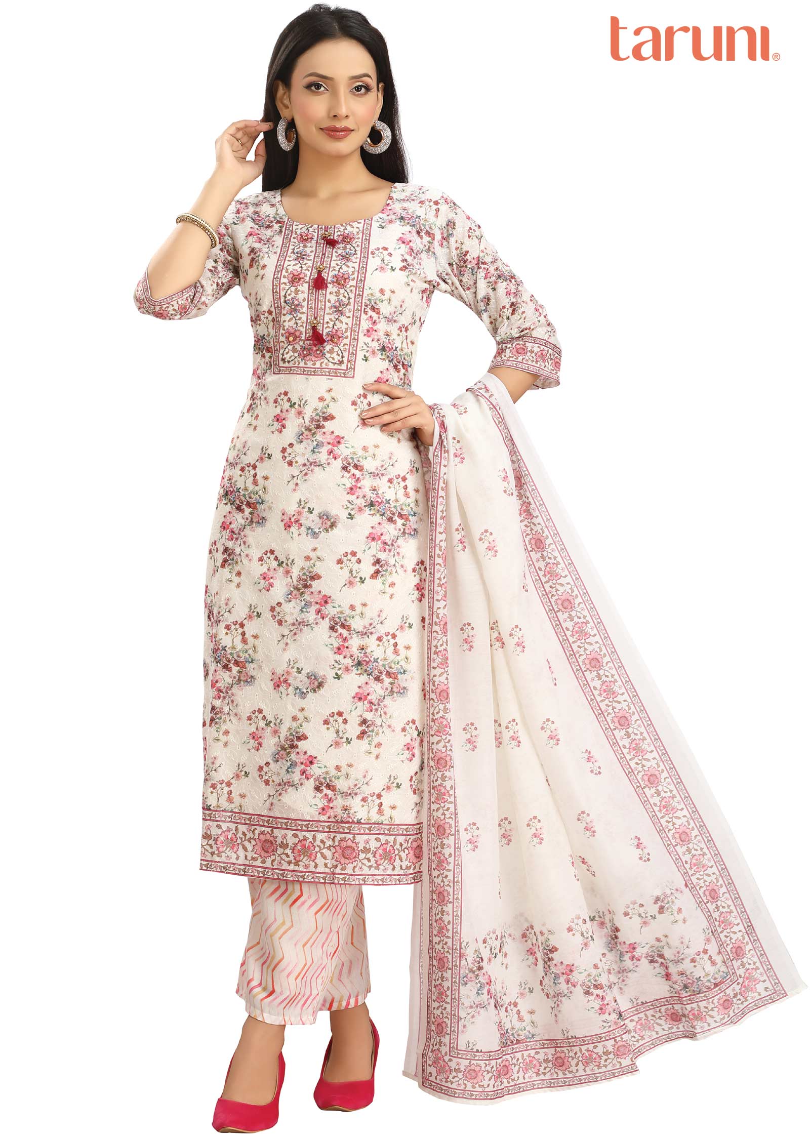 Cream Schiffli Cotton Embroidered Straight cut suits