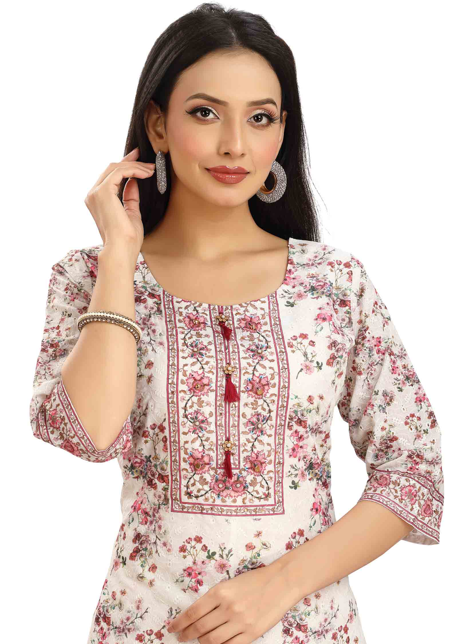 Cream Schiffli Cotton Embroidered Straight cut suits