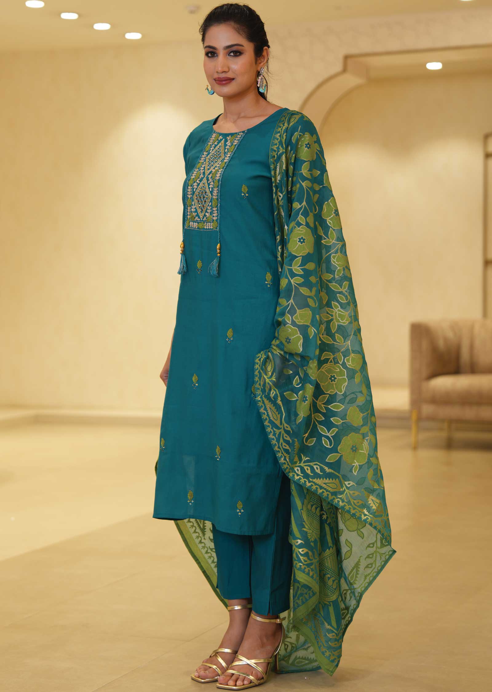 Rama Green Silk Mirror work Straight cut suits