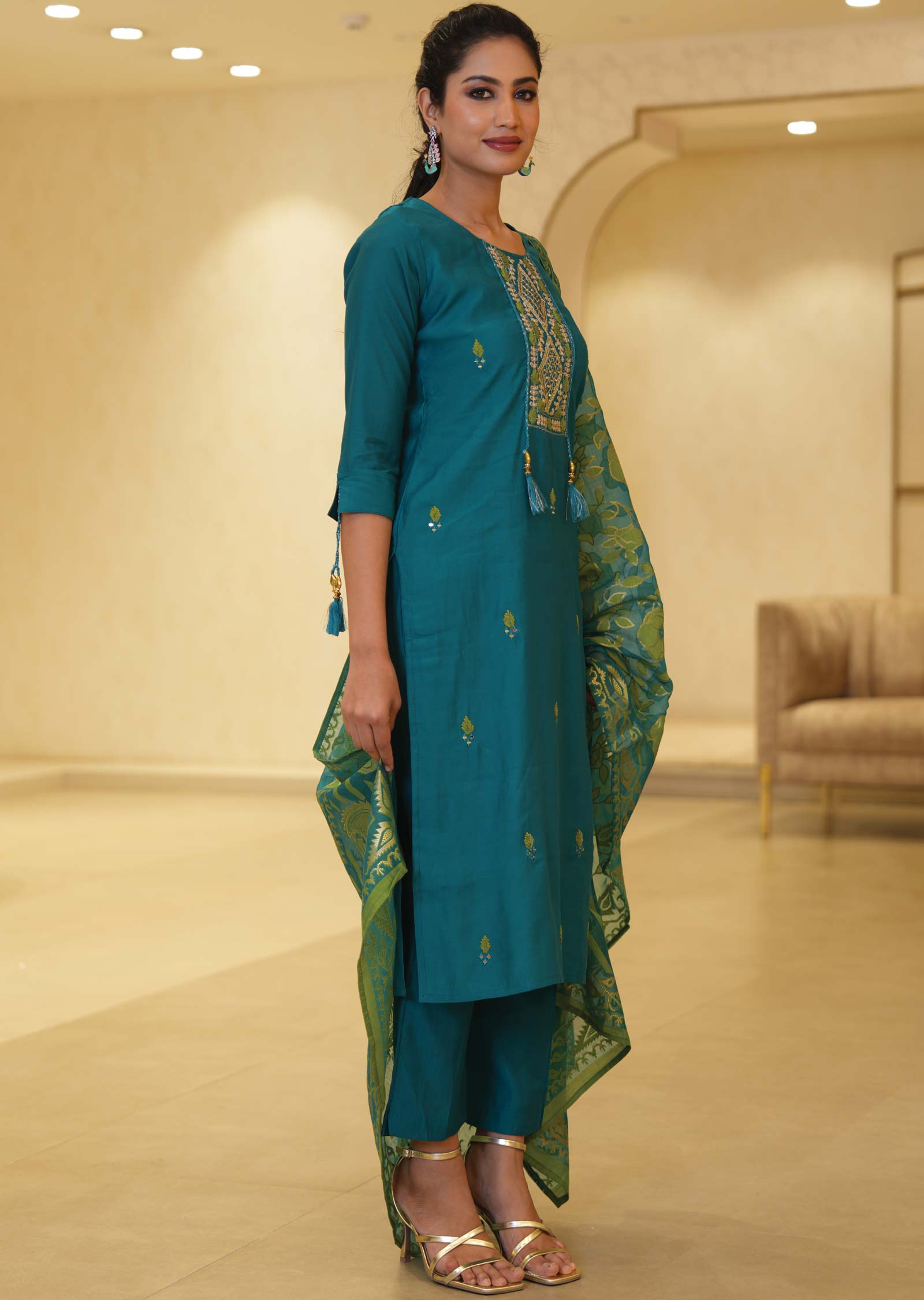 Rama Green Silk Mirror work Straight cut suits
