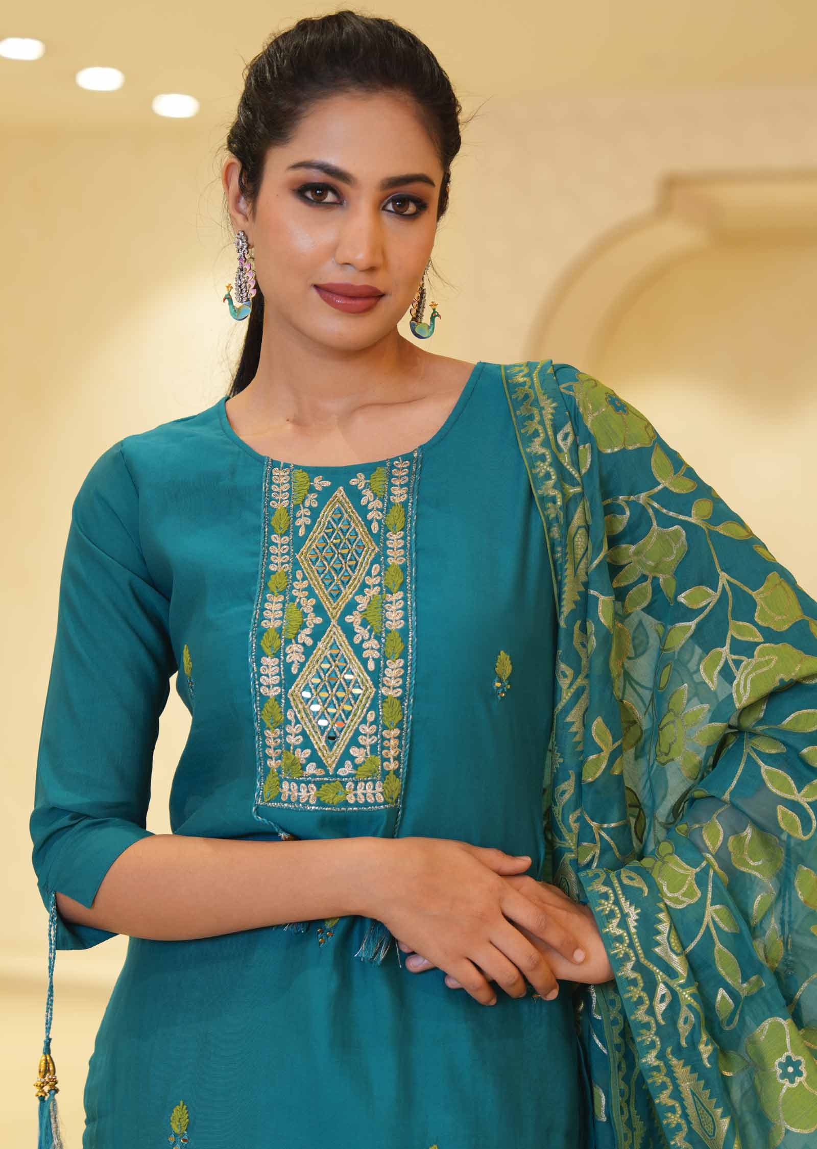 Rama Green Silk Mirror work Straight cut suits