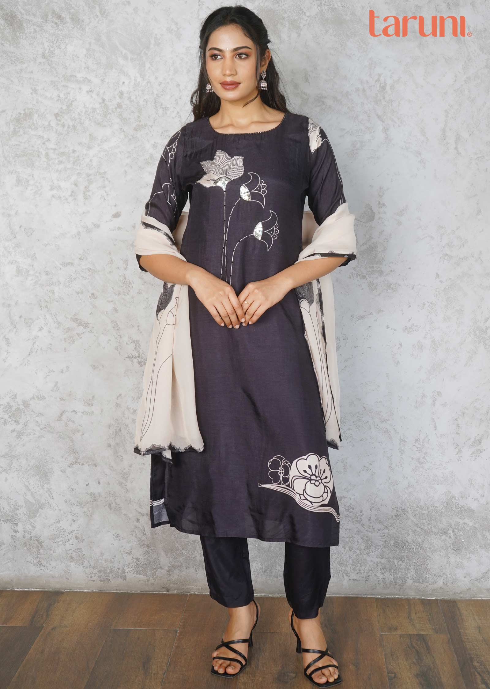 Black Silk Embroidered Straight cut suits