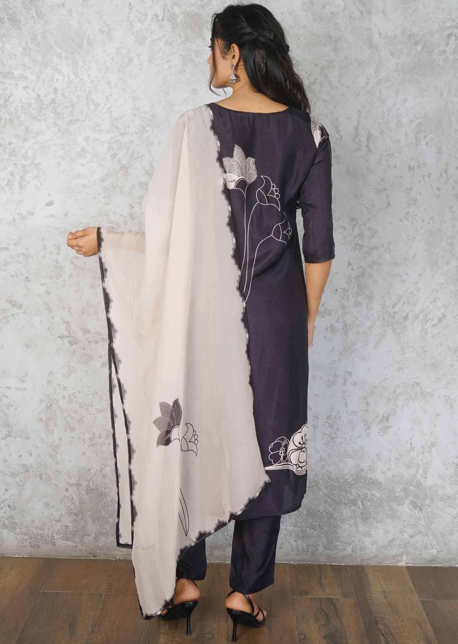 Black Silk Embroidered Straight cut suits