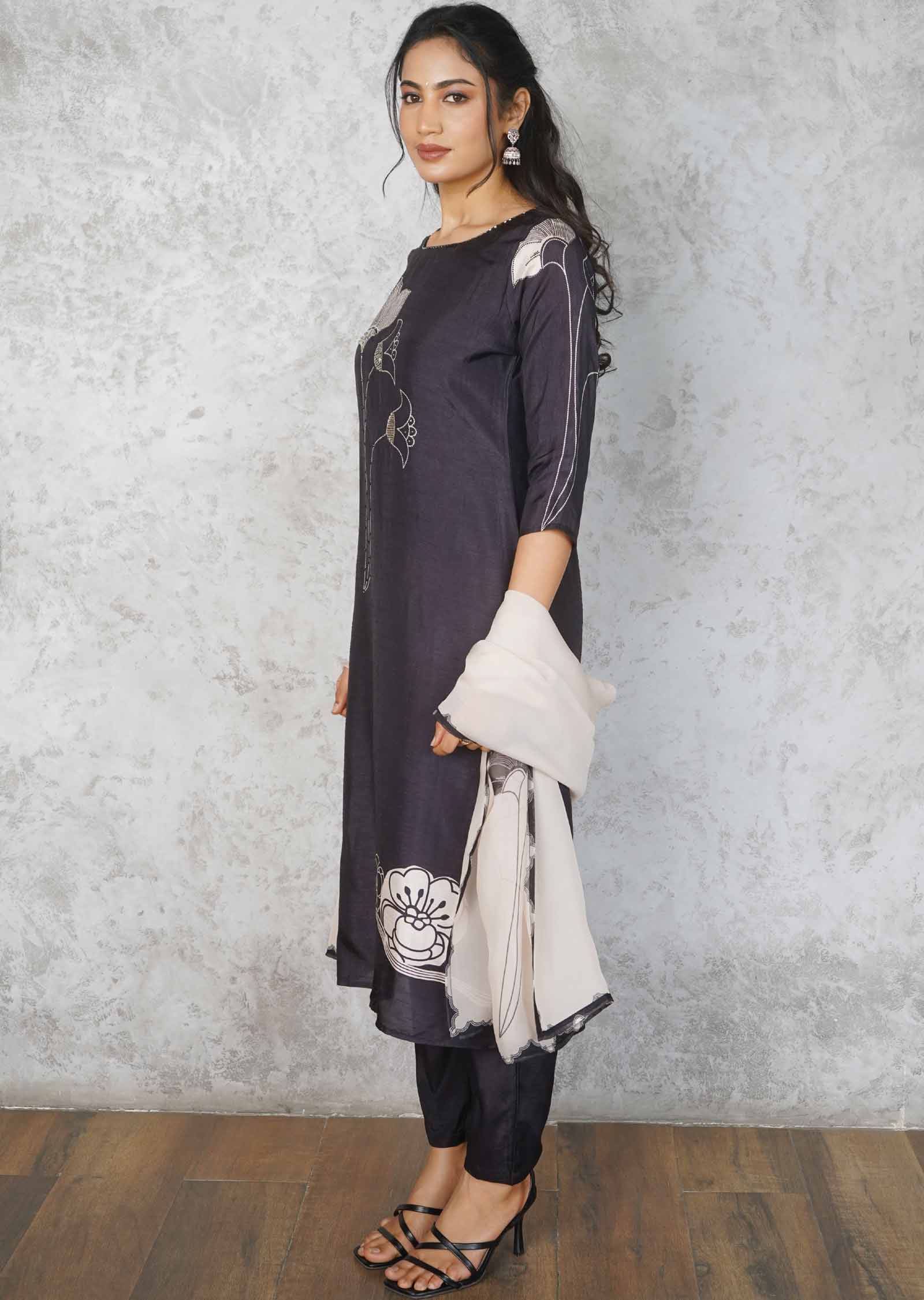 Black Silk Embroidered Straight cut suits