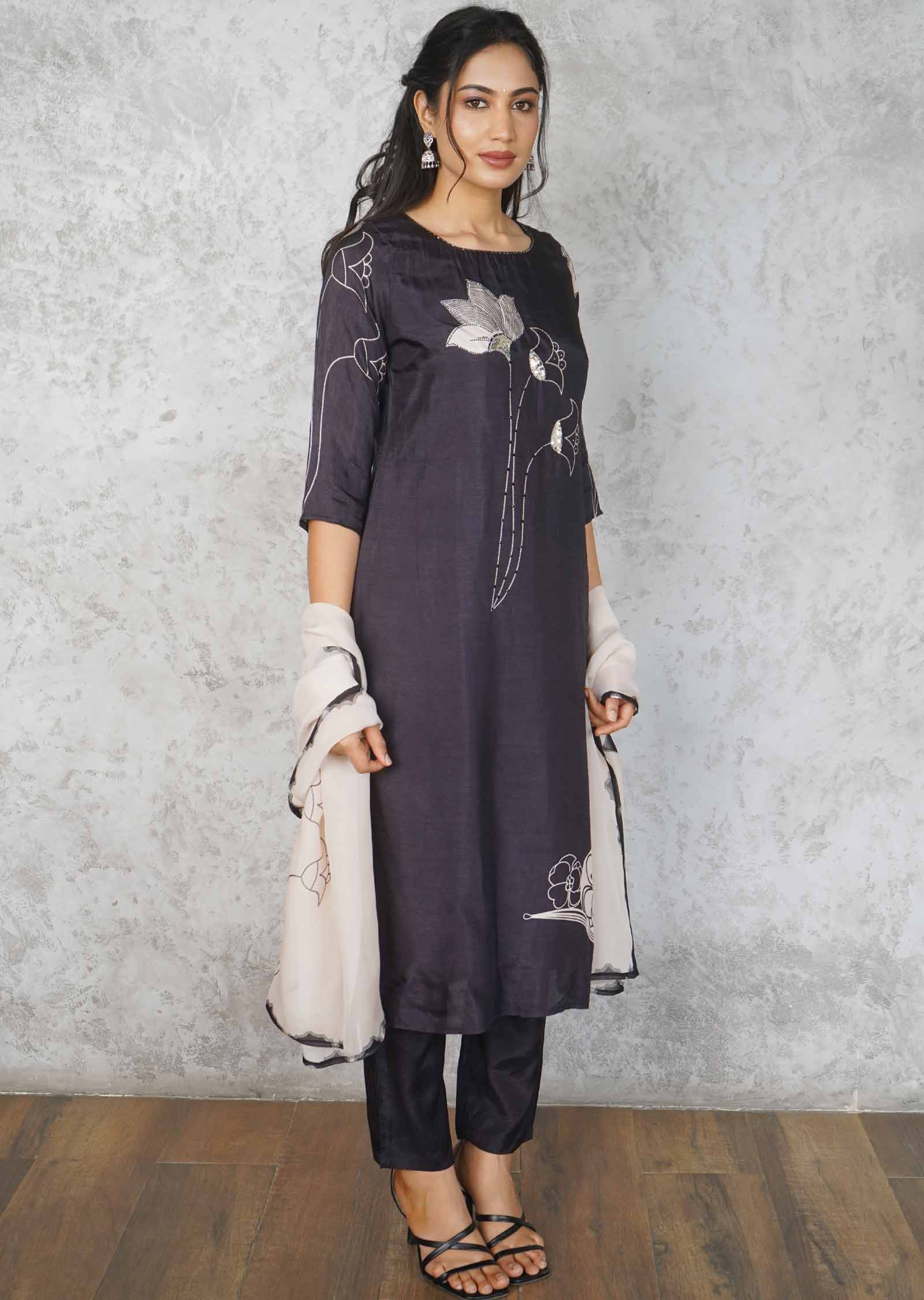 Black Silk Embroidered Straight cut suits