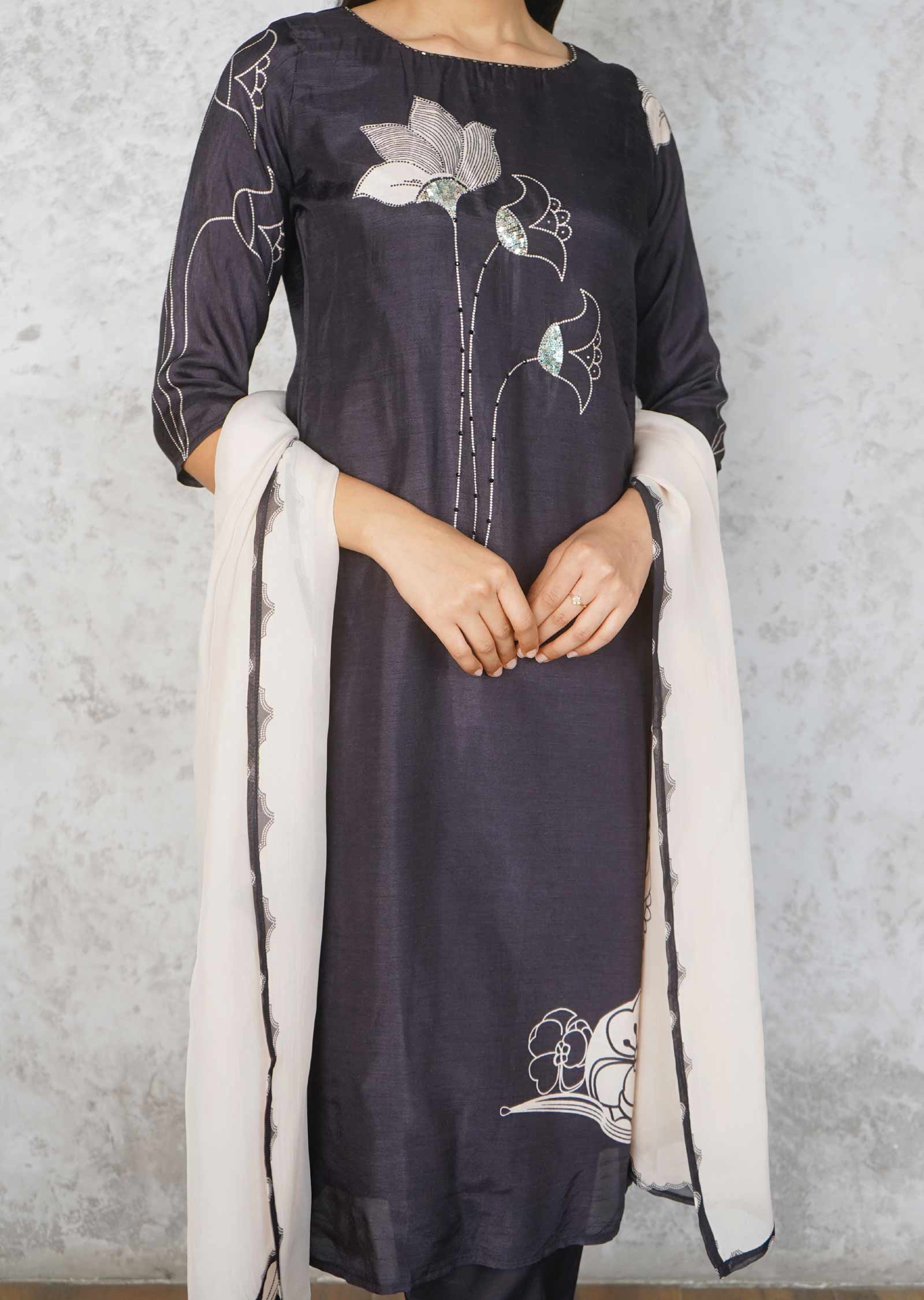 Black Silk Embroidered Straight cut suits