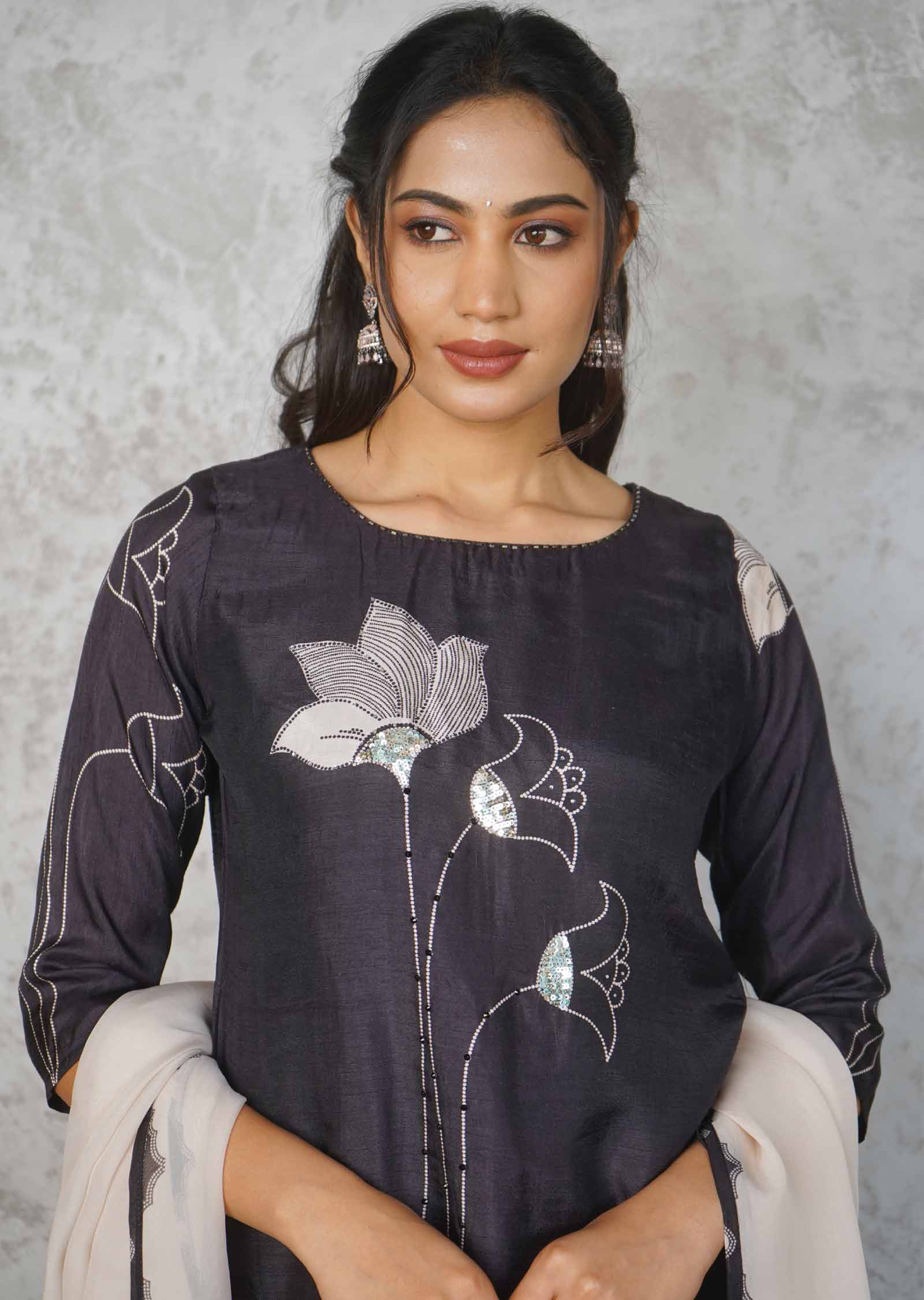 Black Silk Embroidered Straight cut suits