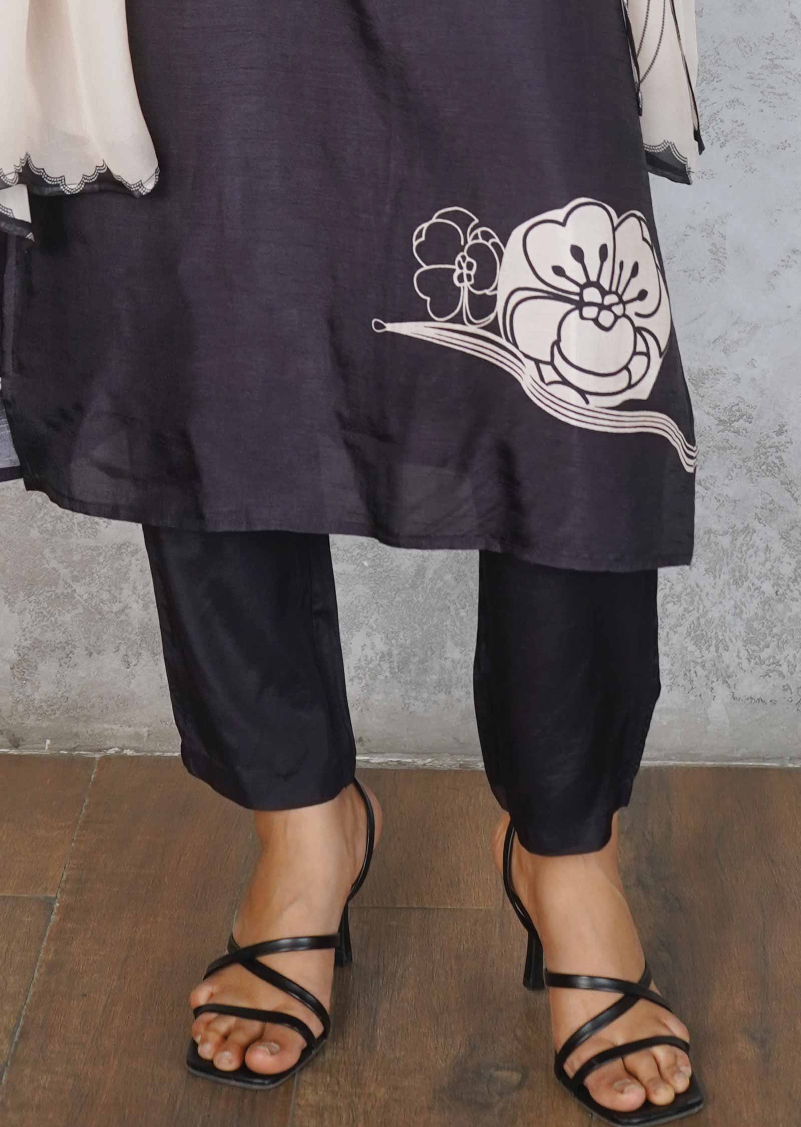 Black Silk Embroidered Straight cut suits