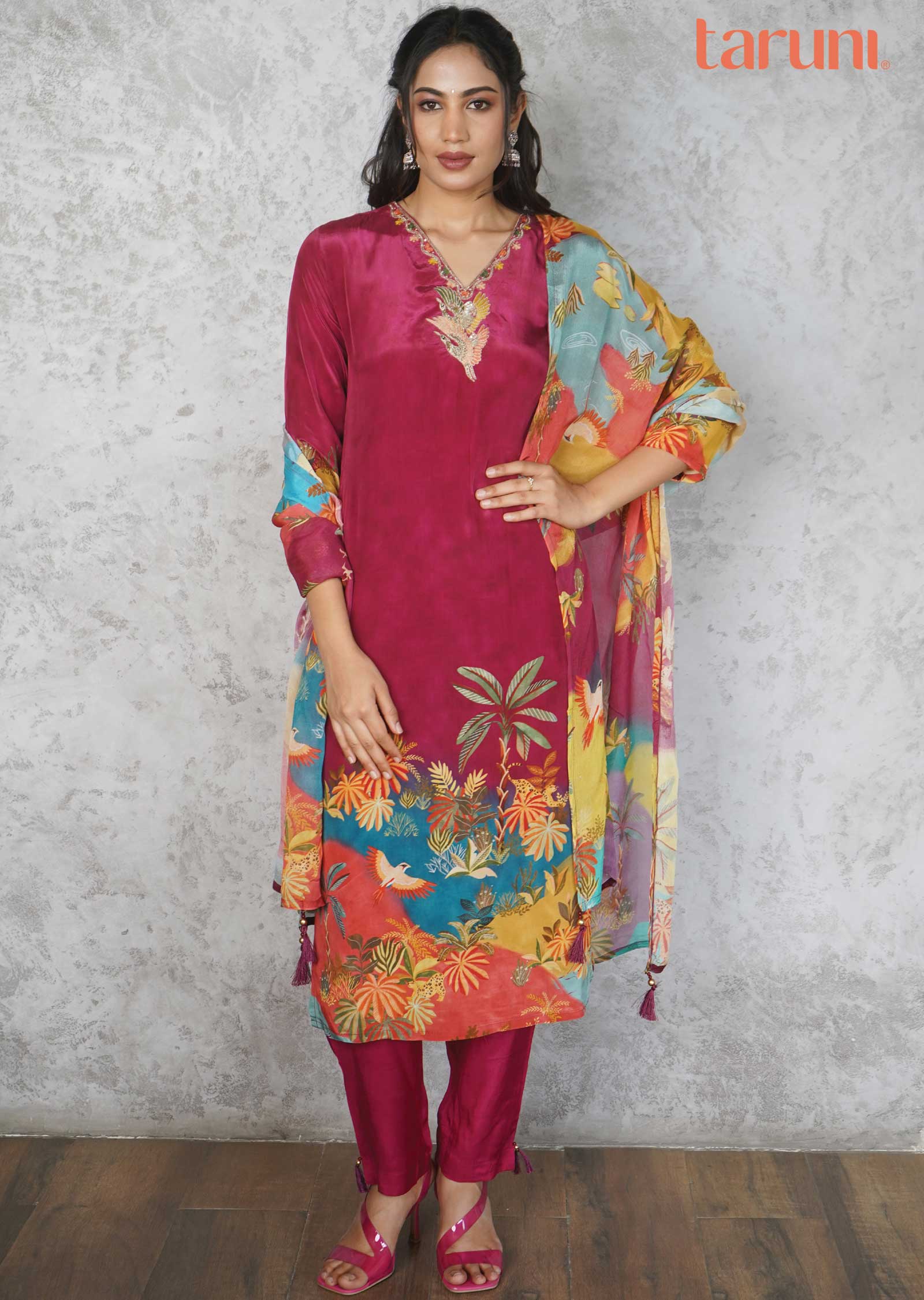 Magenta Pink Crepe Embroidered Straight cut suits
