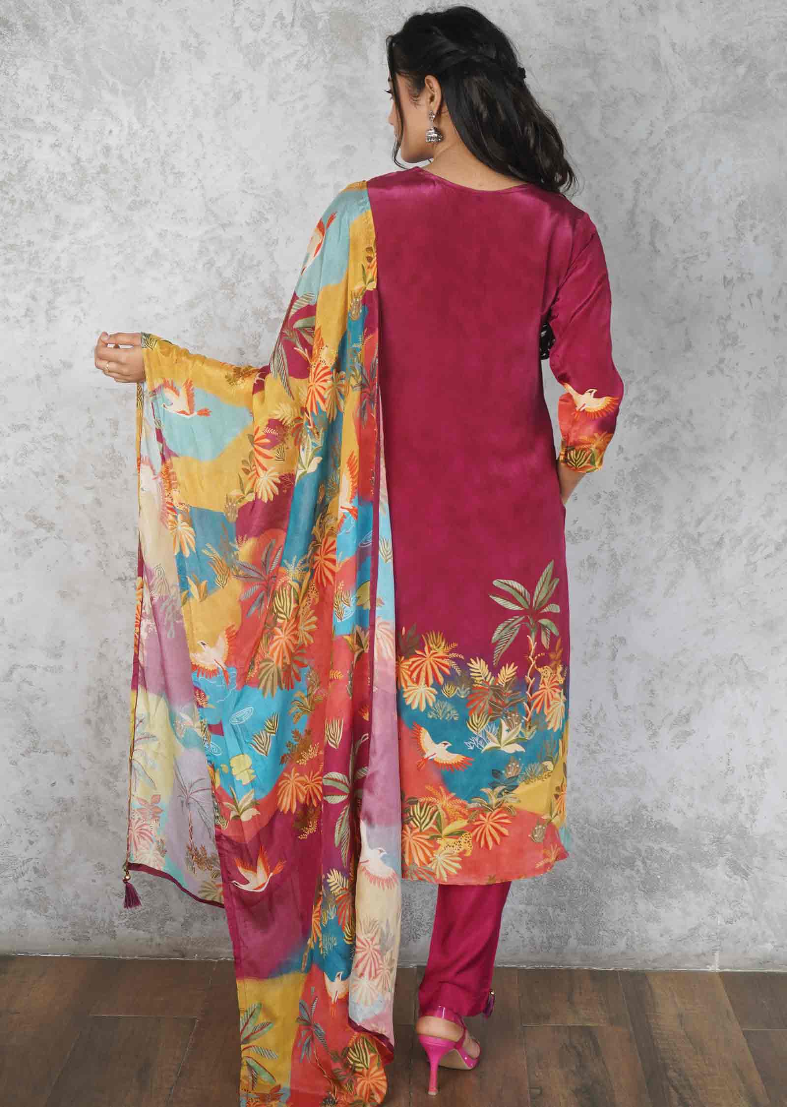 Magenta Pink Crepe Embroidered Straight cut suits