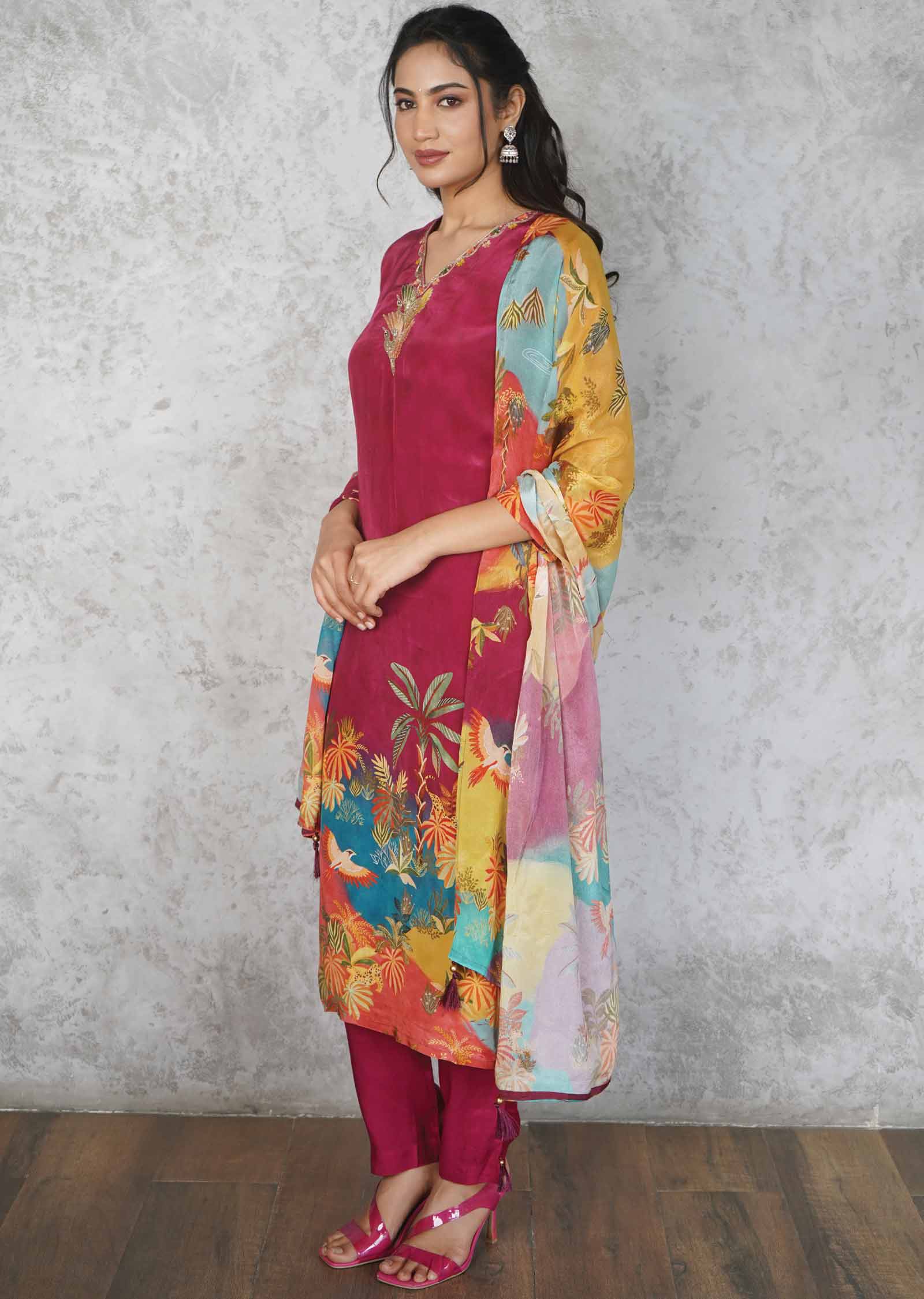 Magenta Pink Crepe Embroidered Straight cut suits