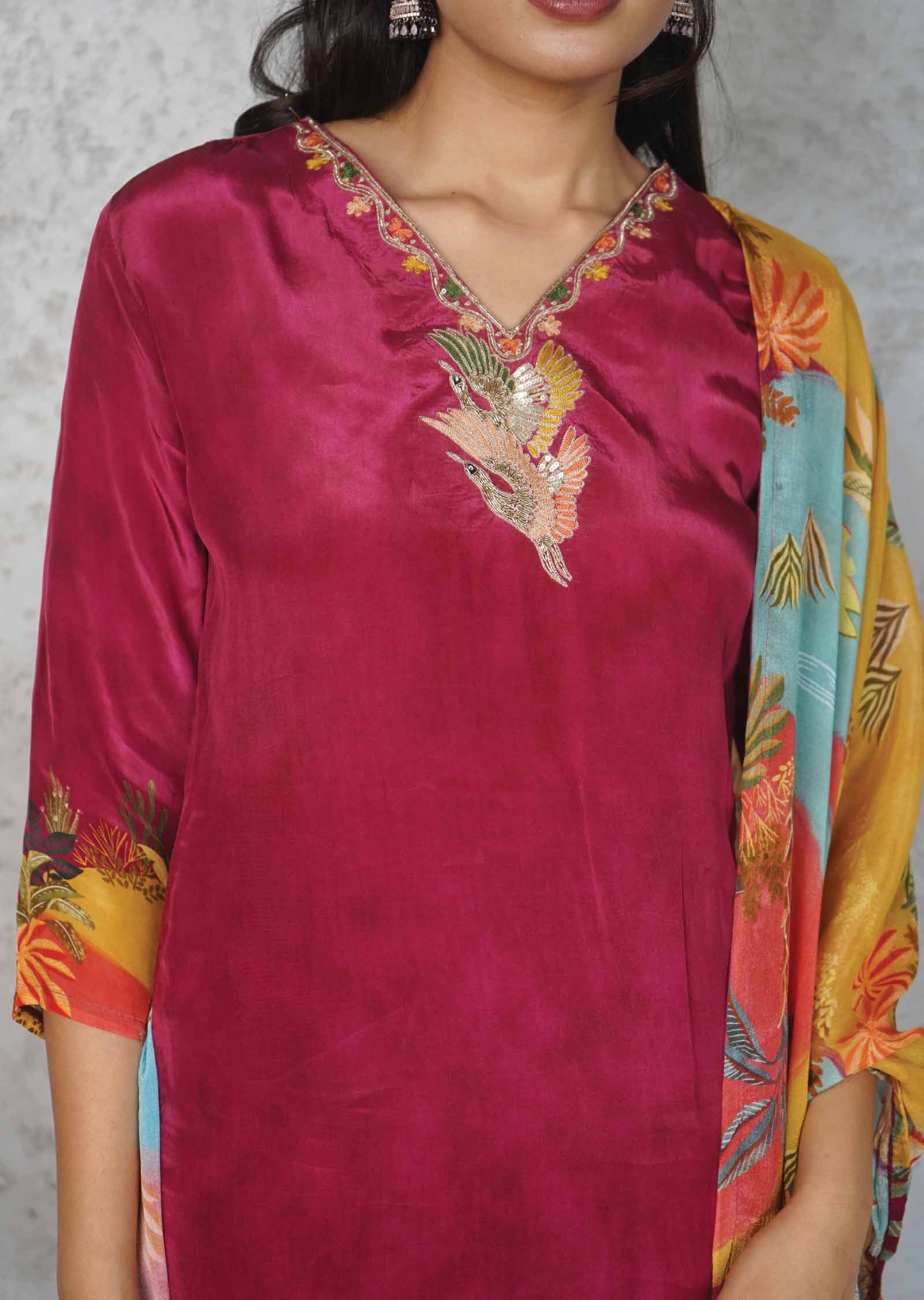 Magenta Pink Crepe Embroidered Straight cut suits