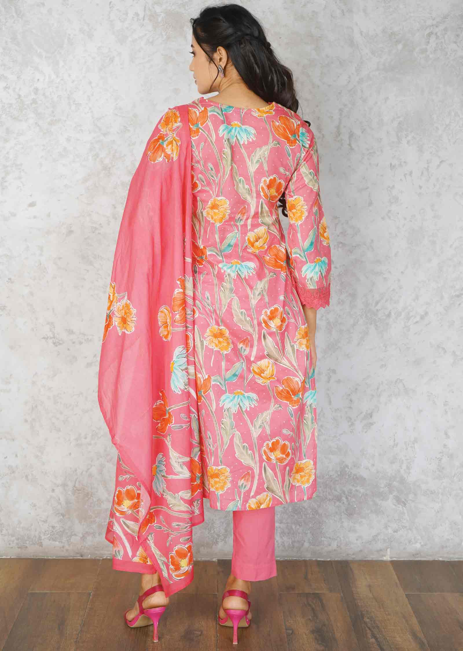 Pink Cotton Printed Straight cut suits