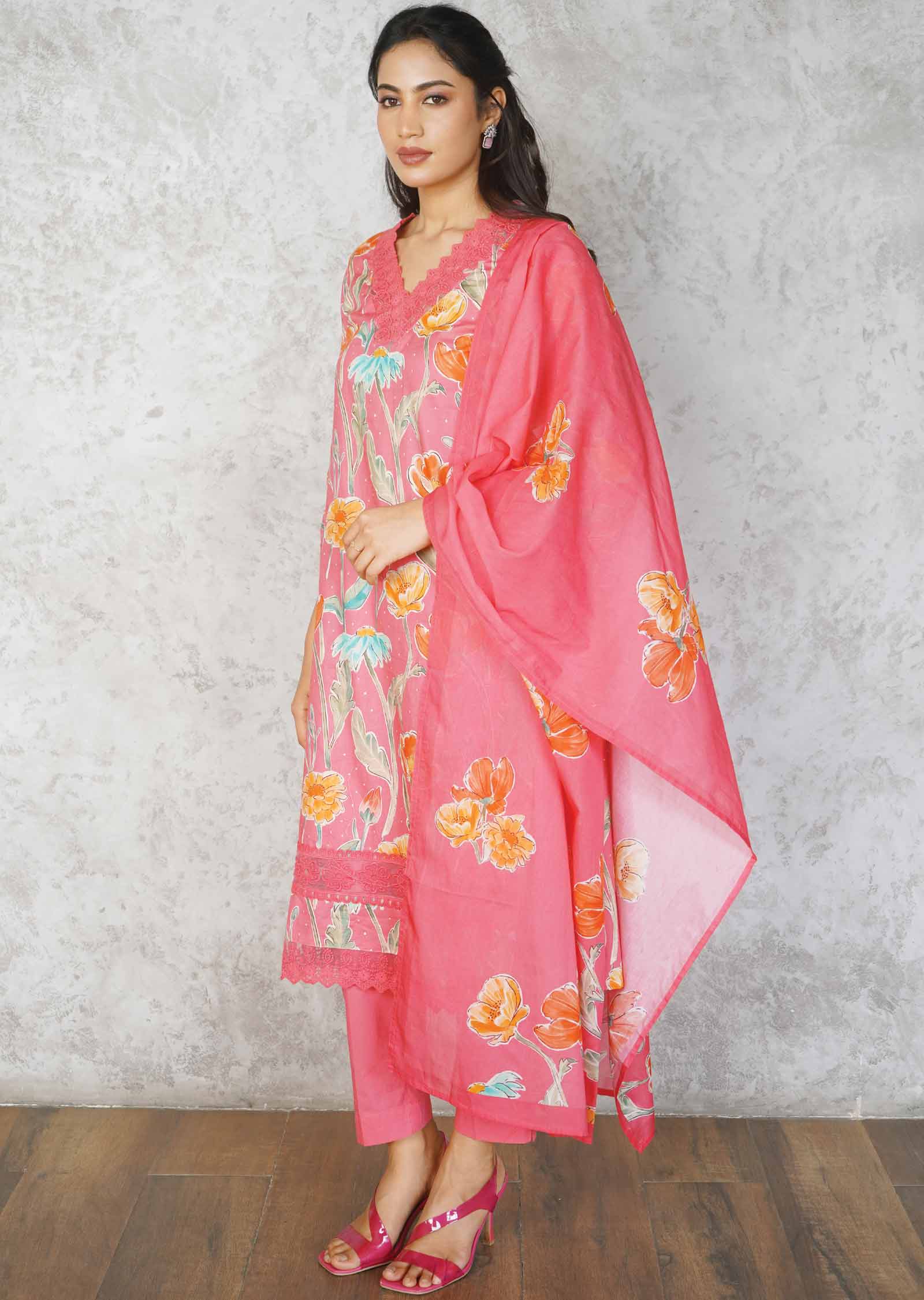 Pink Cotton Printed Straight cut suits