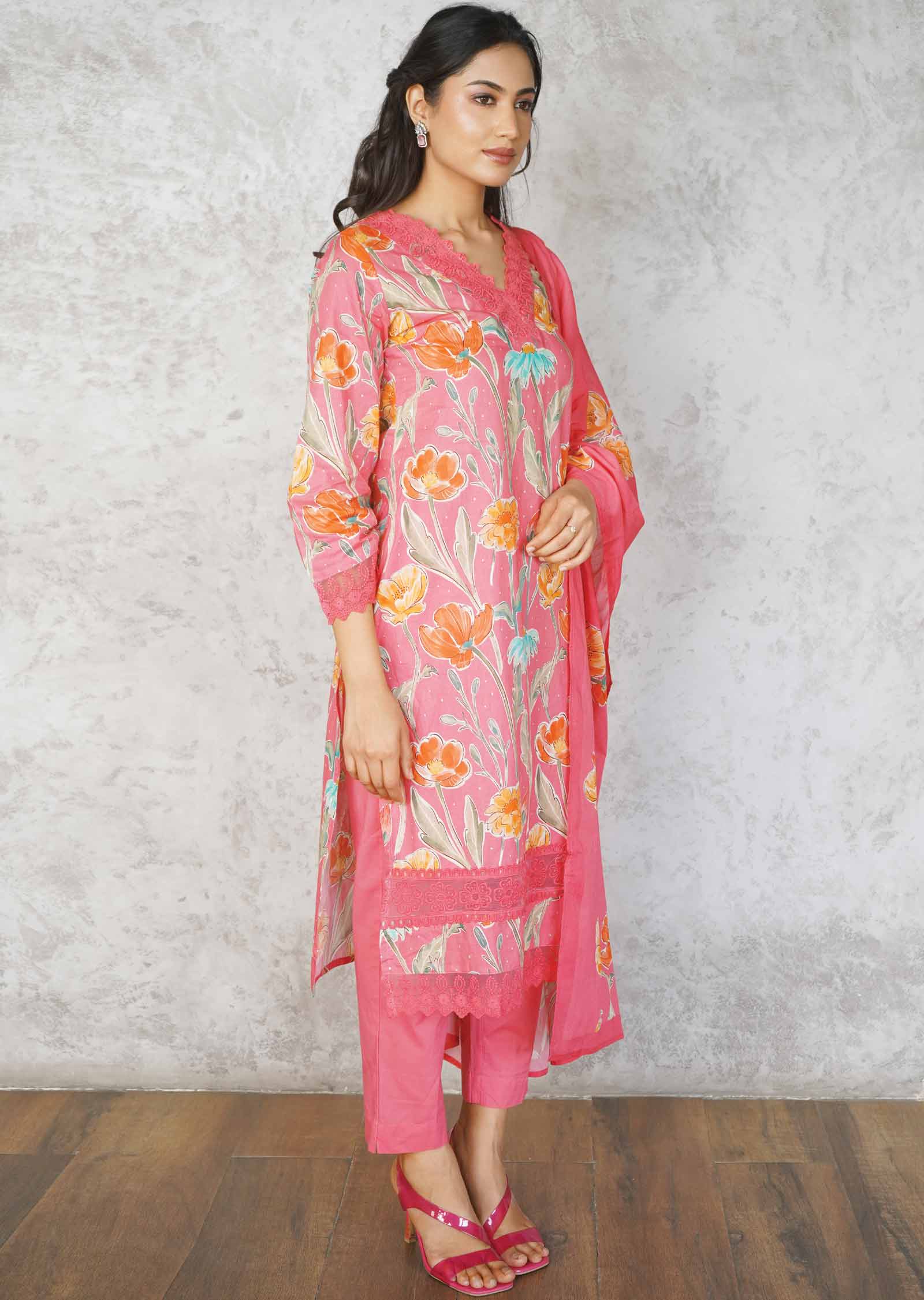 Pink Cotton Printed Straight cut suits