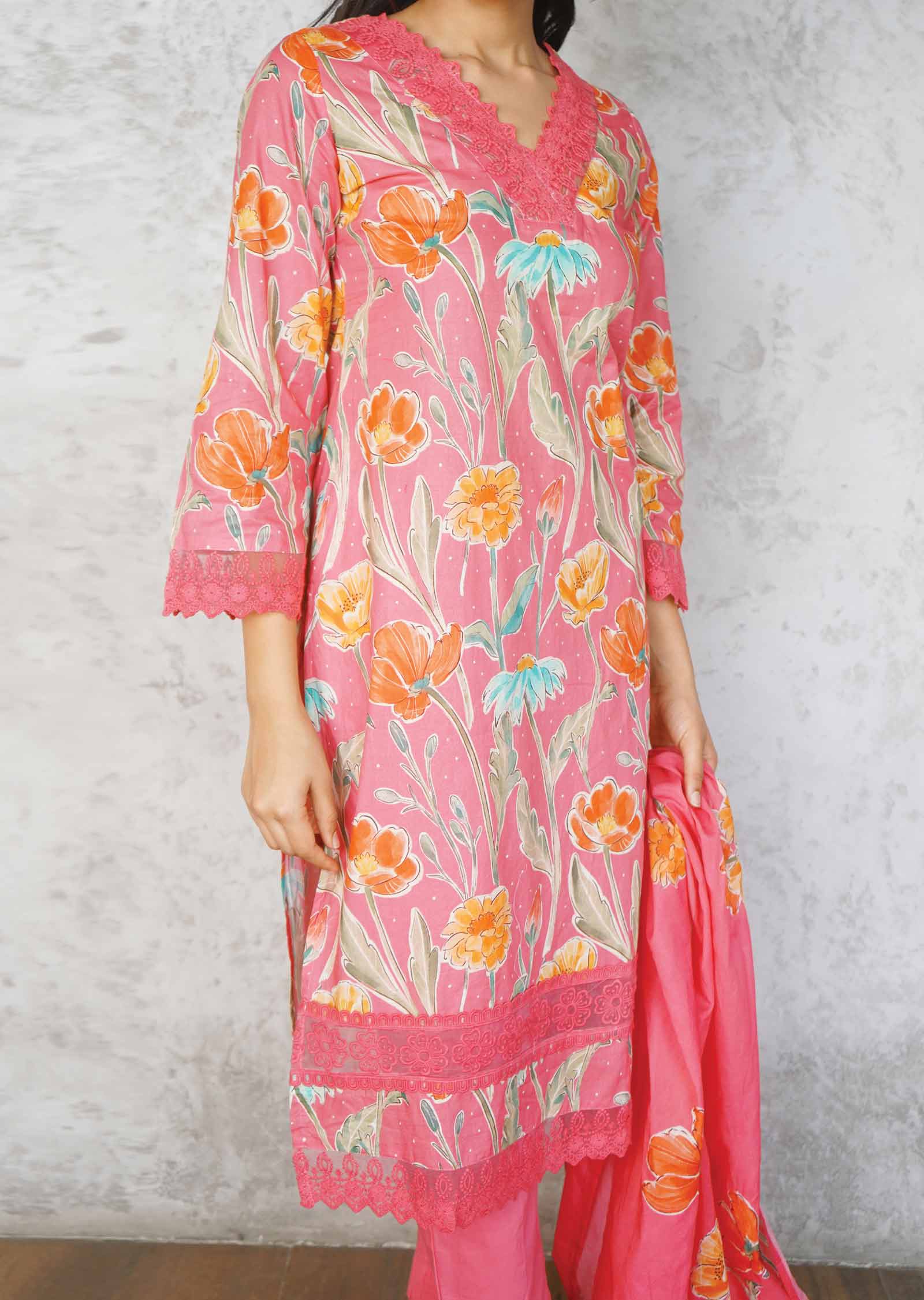 Pink Cotton Printed Straight cut suits