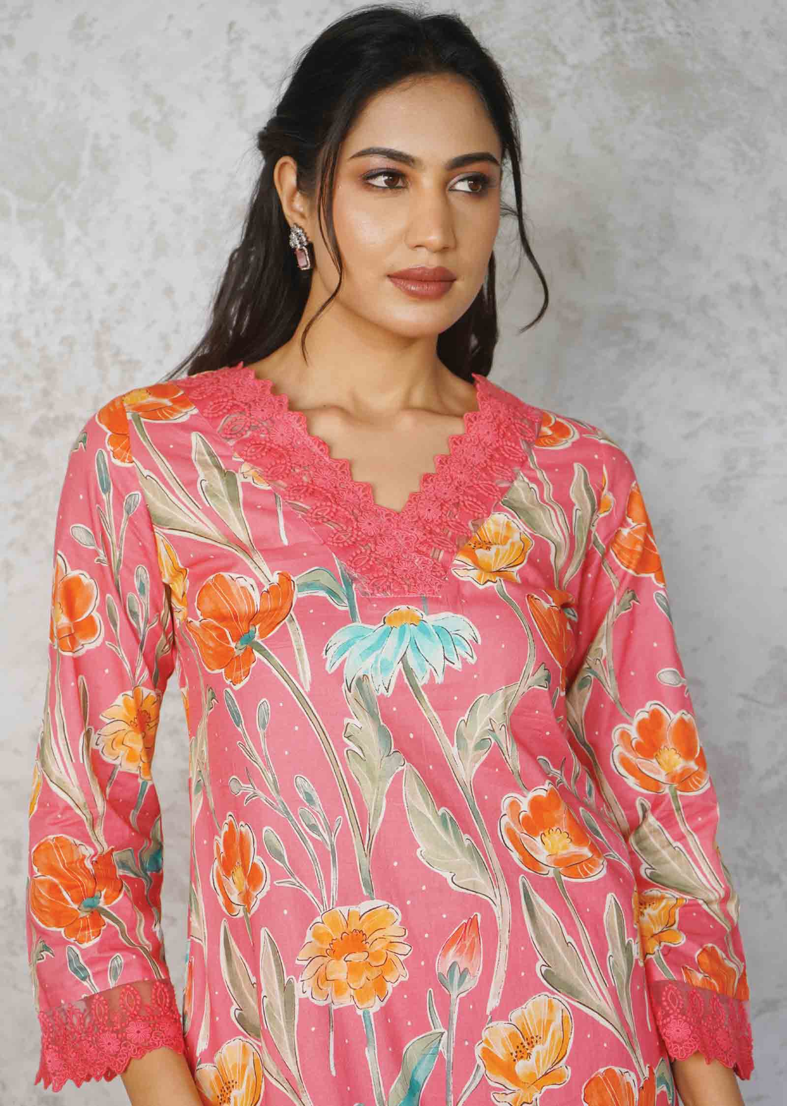 Pink Cotton Printed Straight cut suits