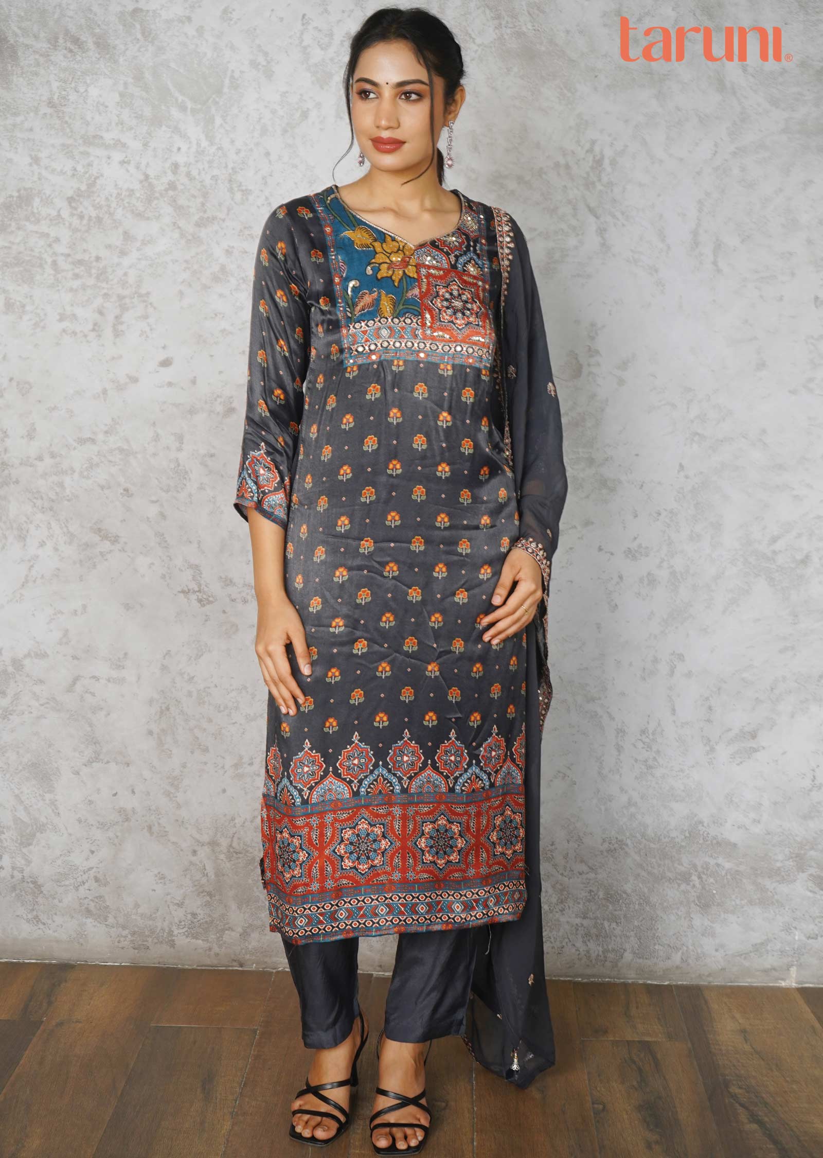 Dark Charcoal grey Satin Silk Embroidered Straight cut suits