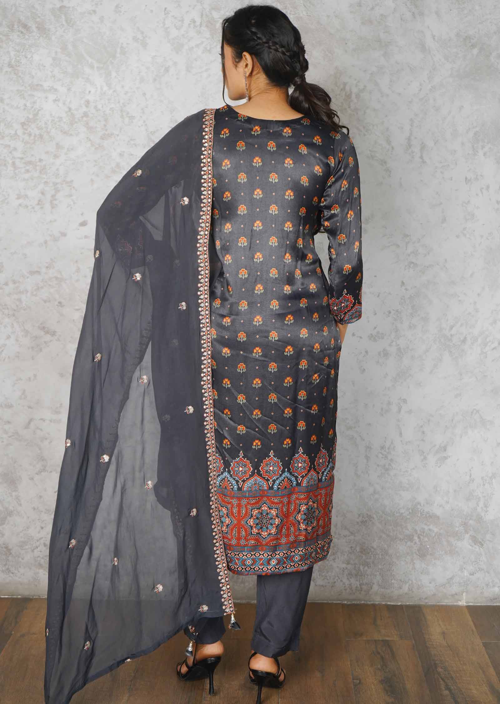 Dark Charcoal grey Satin Silk Embroidered Straight cut suits