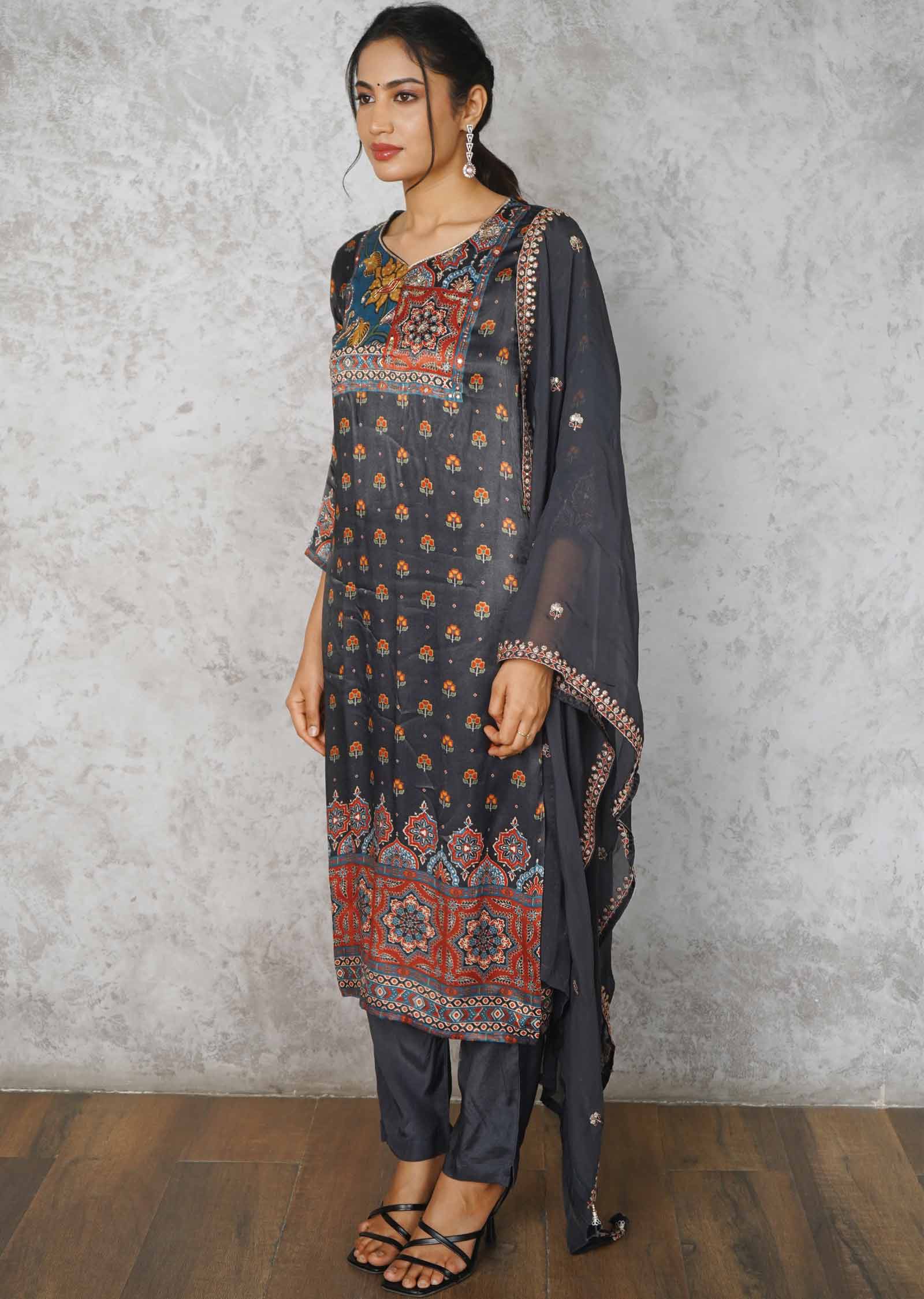 Dark Charcoal grey Satin Silk Embroidered Straight cut suits
