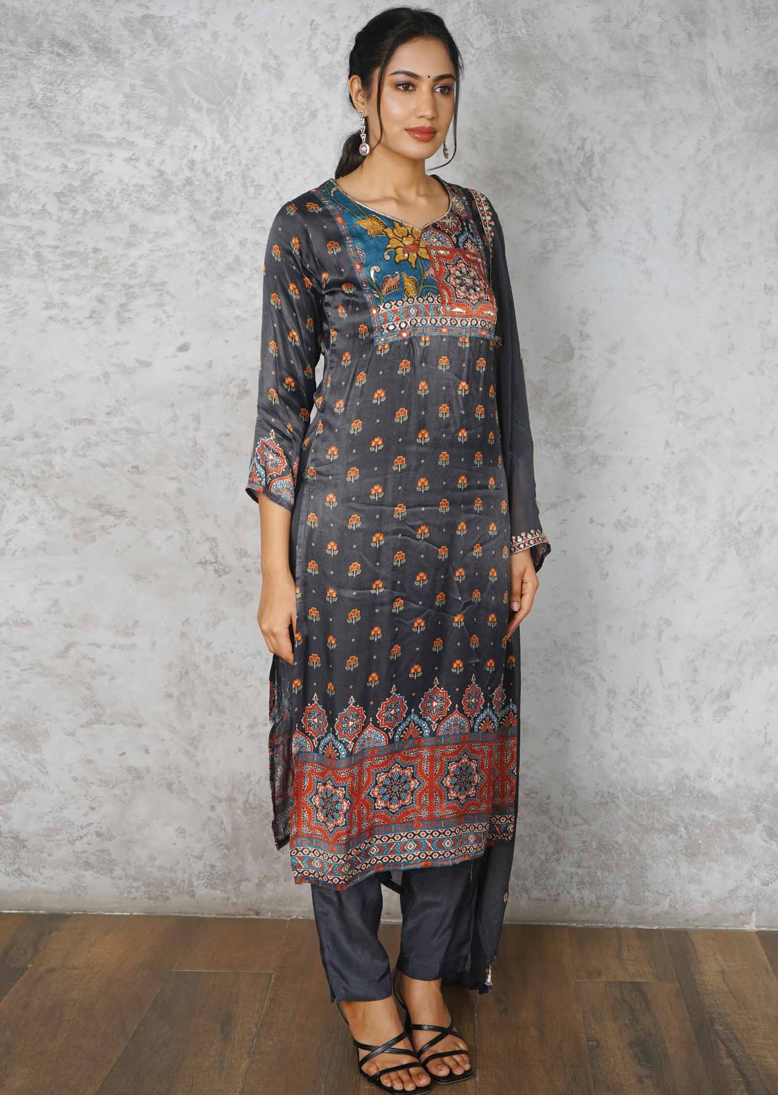 Dark Charcoal grey Satin Silk Embroidered Straight cut suits