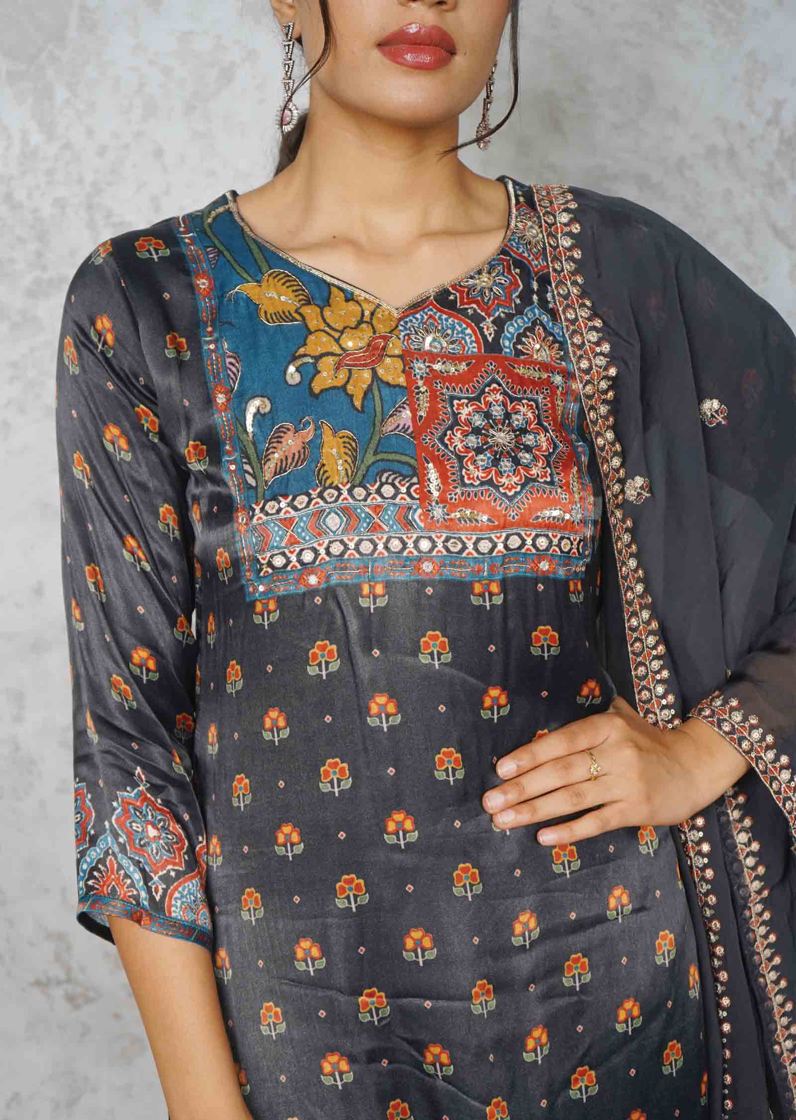 Dark Charcoal grey Satin Silk Embroidered Straight cut suits