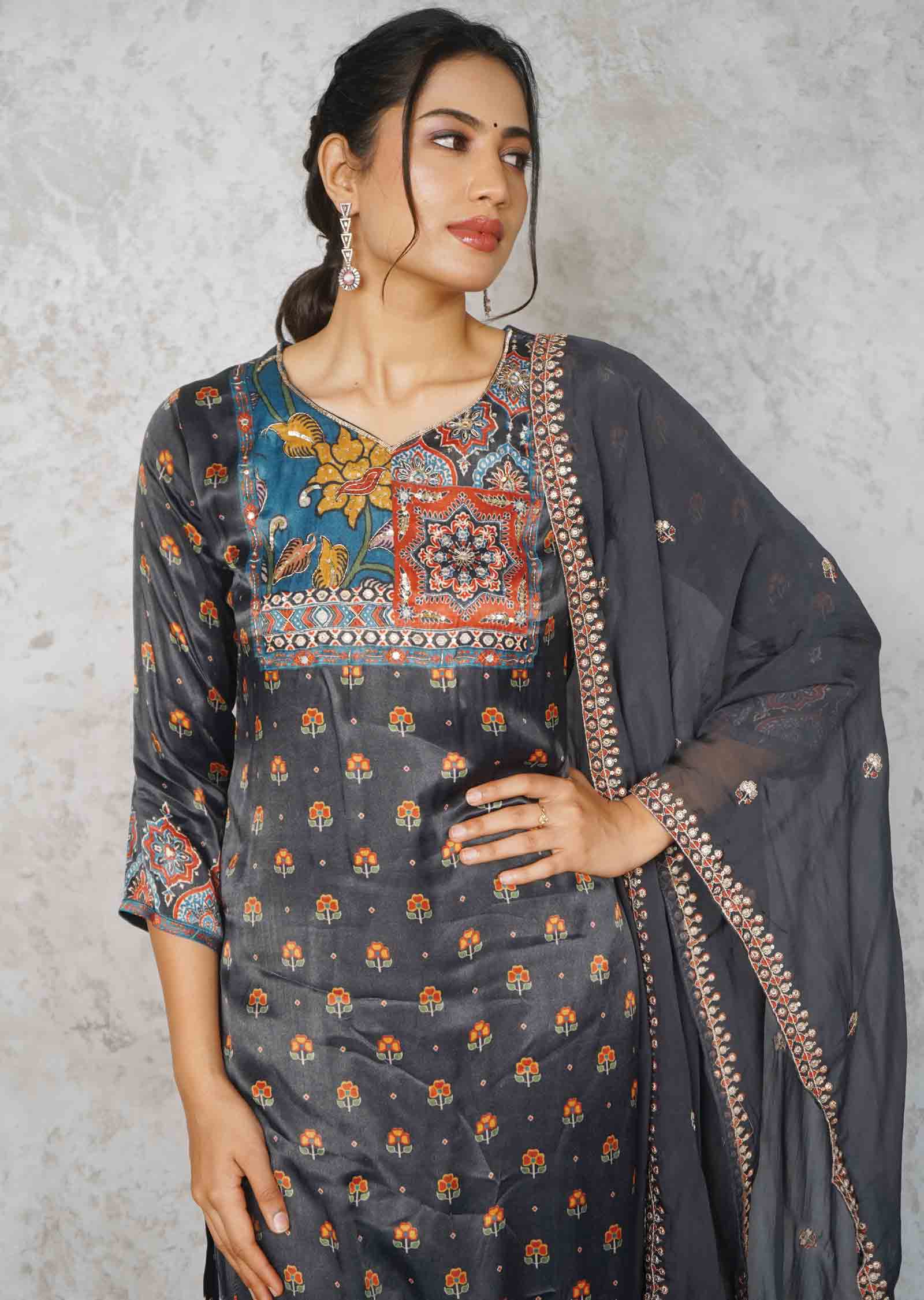 Dark Charcoal grey Satin Silk Embroidered Straight cut suits