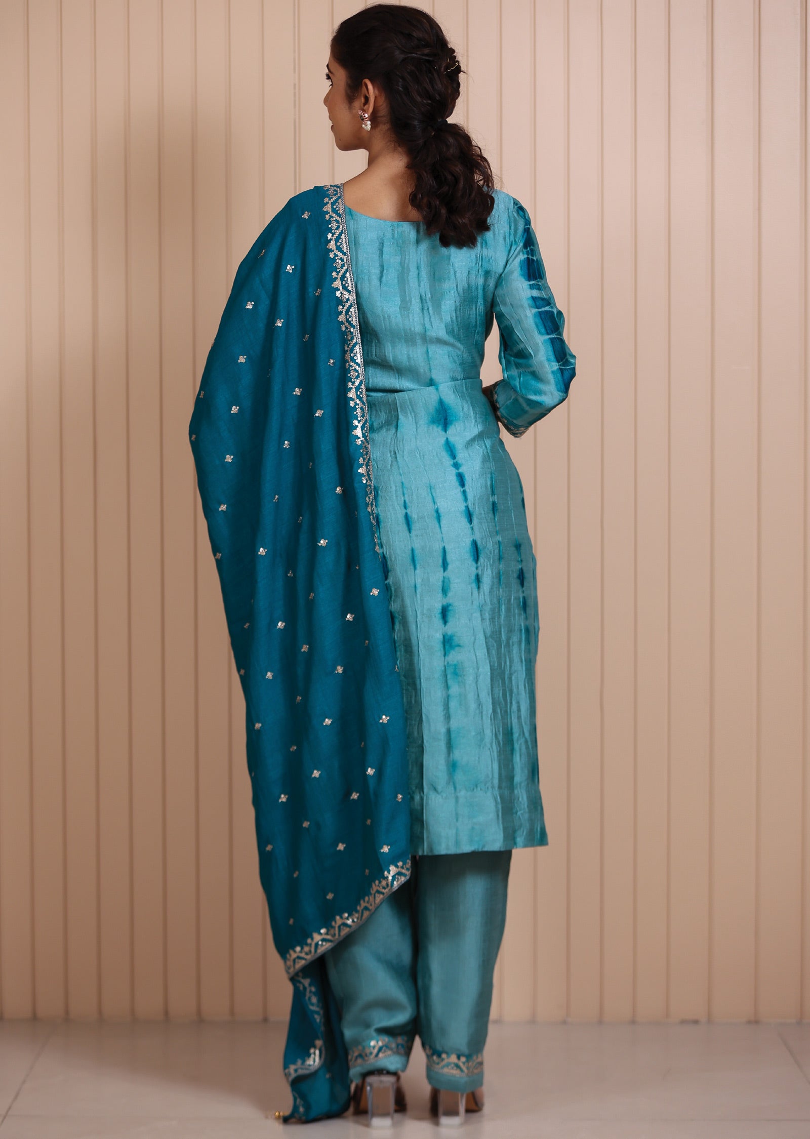 Dusty Green Silk Printed Straight cut suits