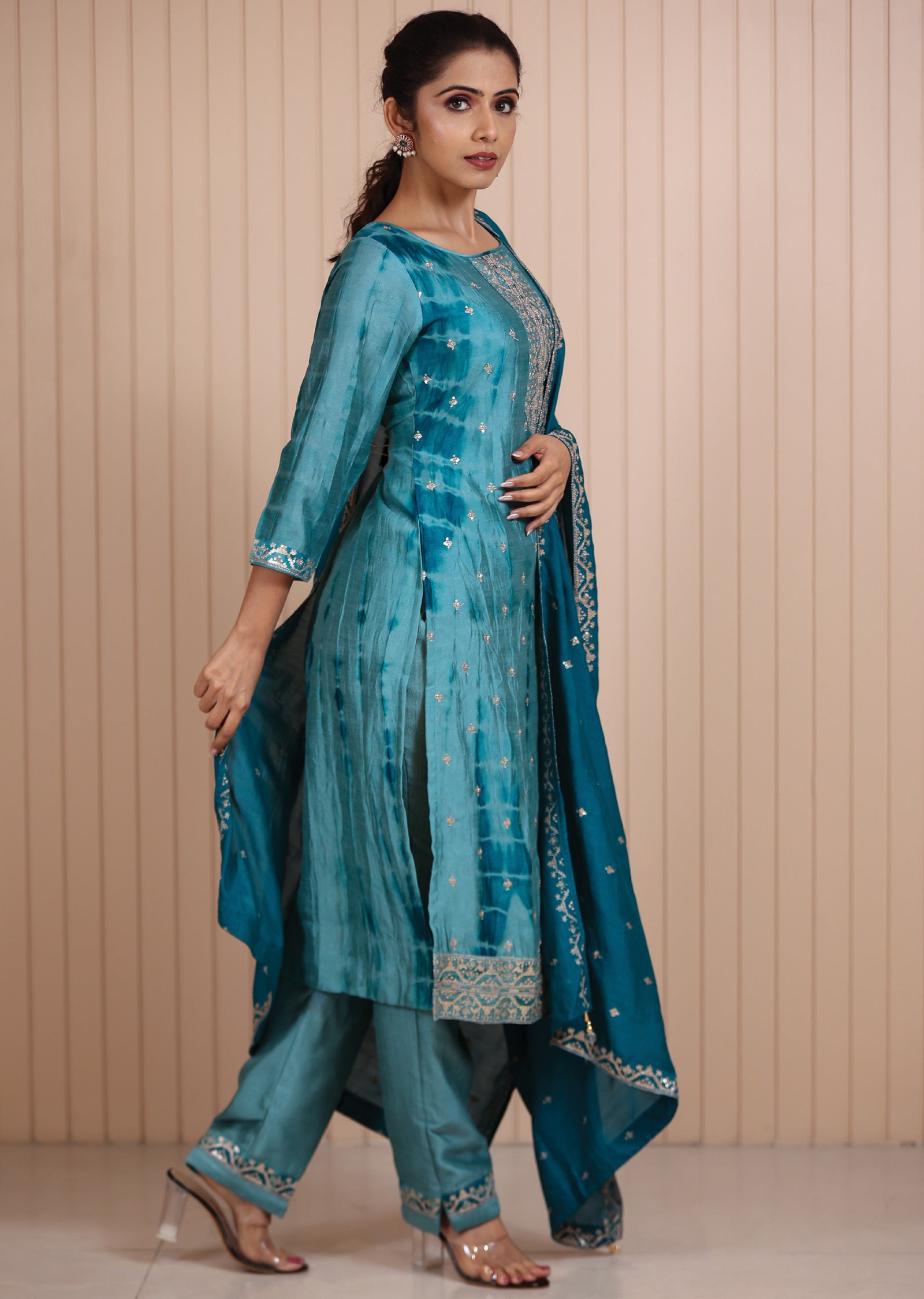 Dusty Green Silk Printed Straight cut suits