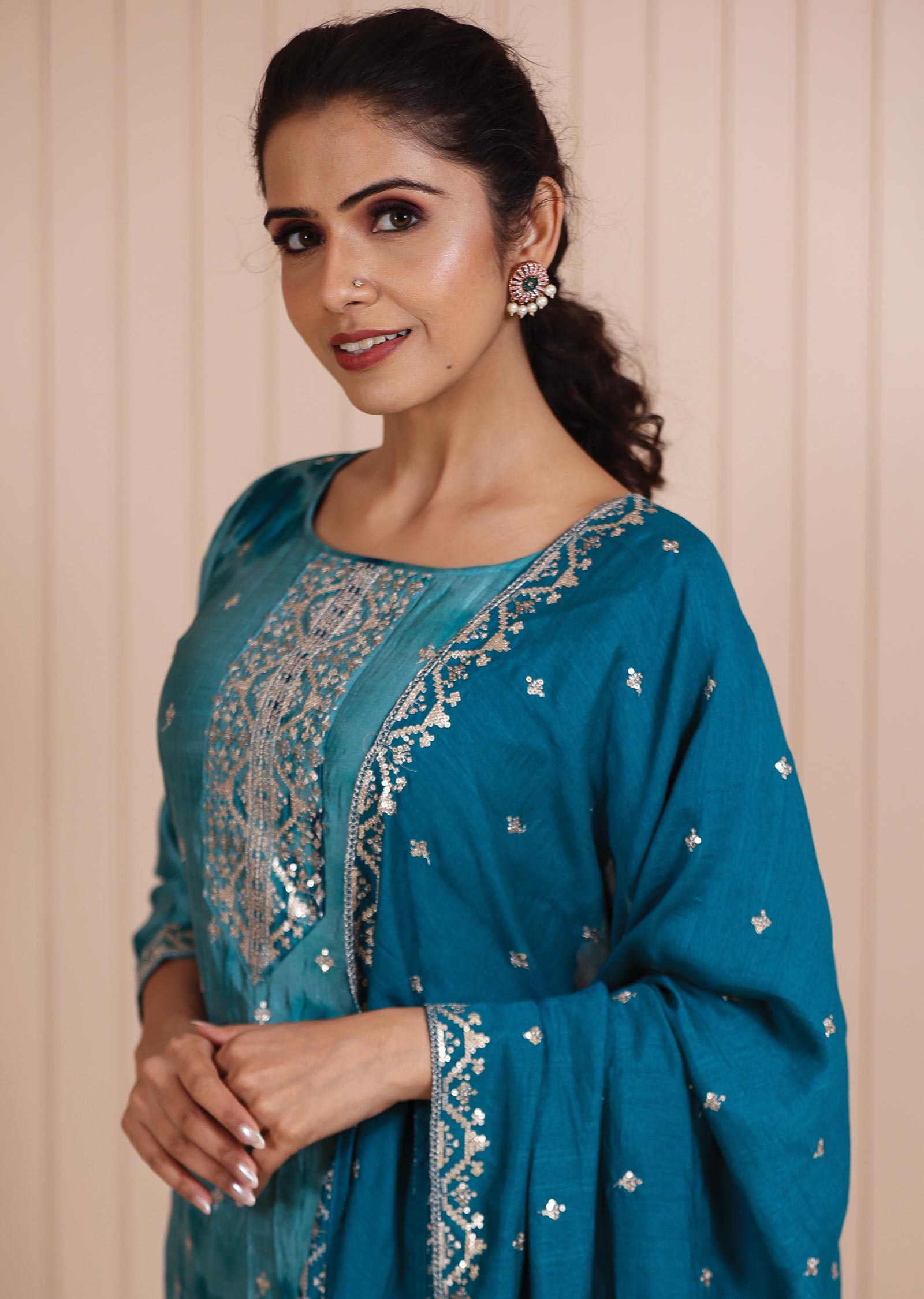Dusty Green Silk Printed Straight cut suits