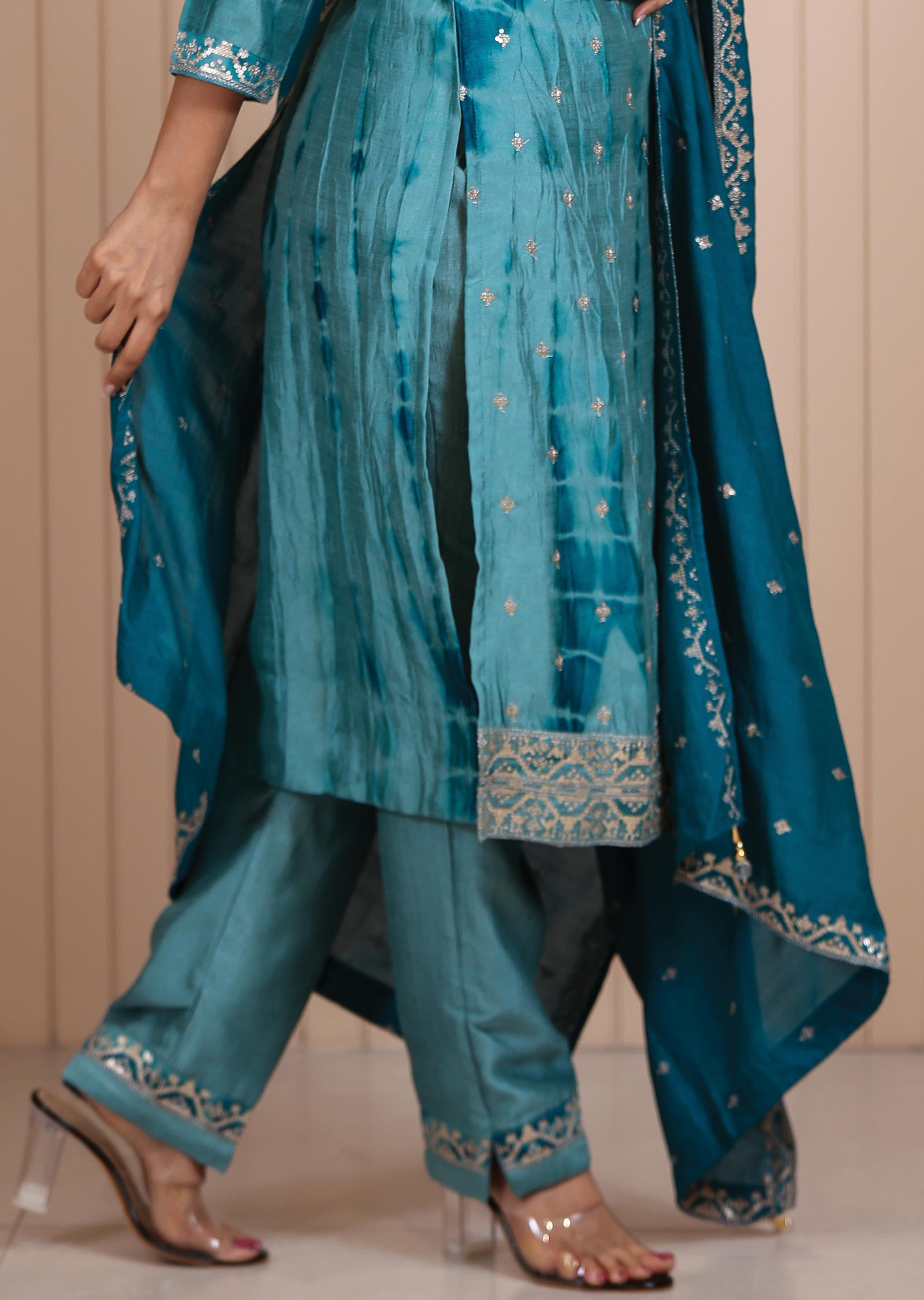 Dusty Green Silk Printed Straight cut suits