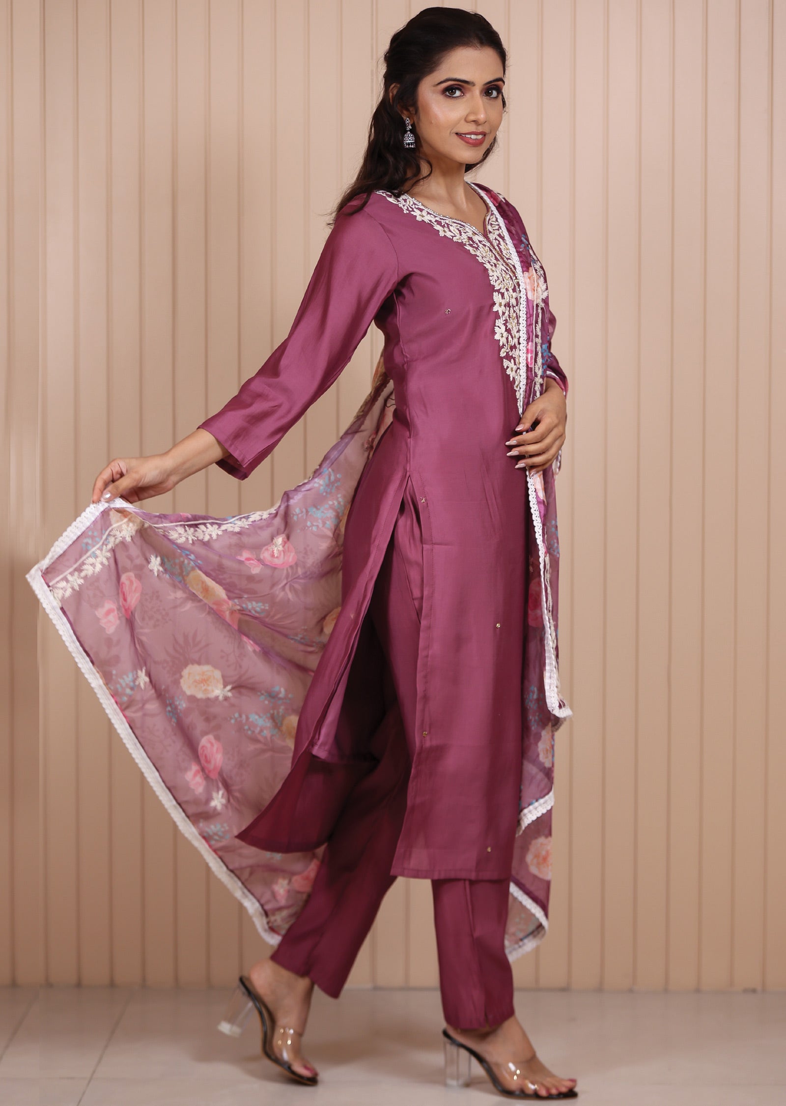 Dark Onion Pink Chanderi Resham & Cut Dana Work Straight cut suits