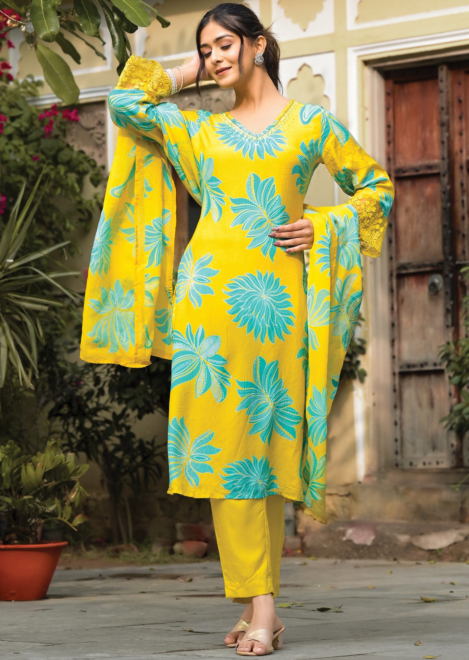 Mustard & Sea Green Modal Straight cut suits