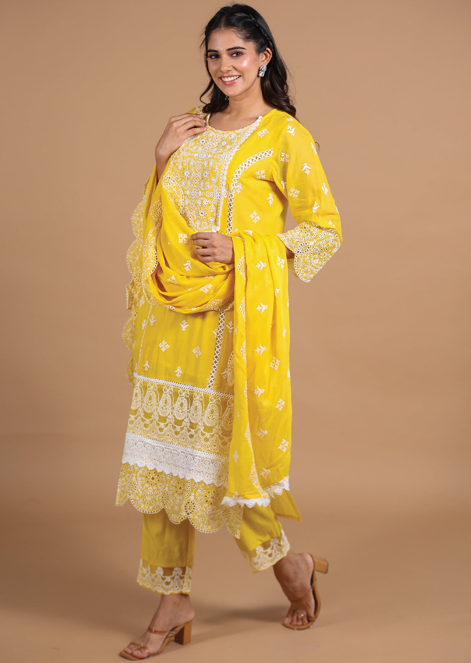 Yellow Cotton Straight cut suits