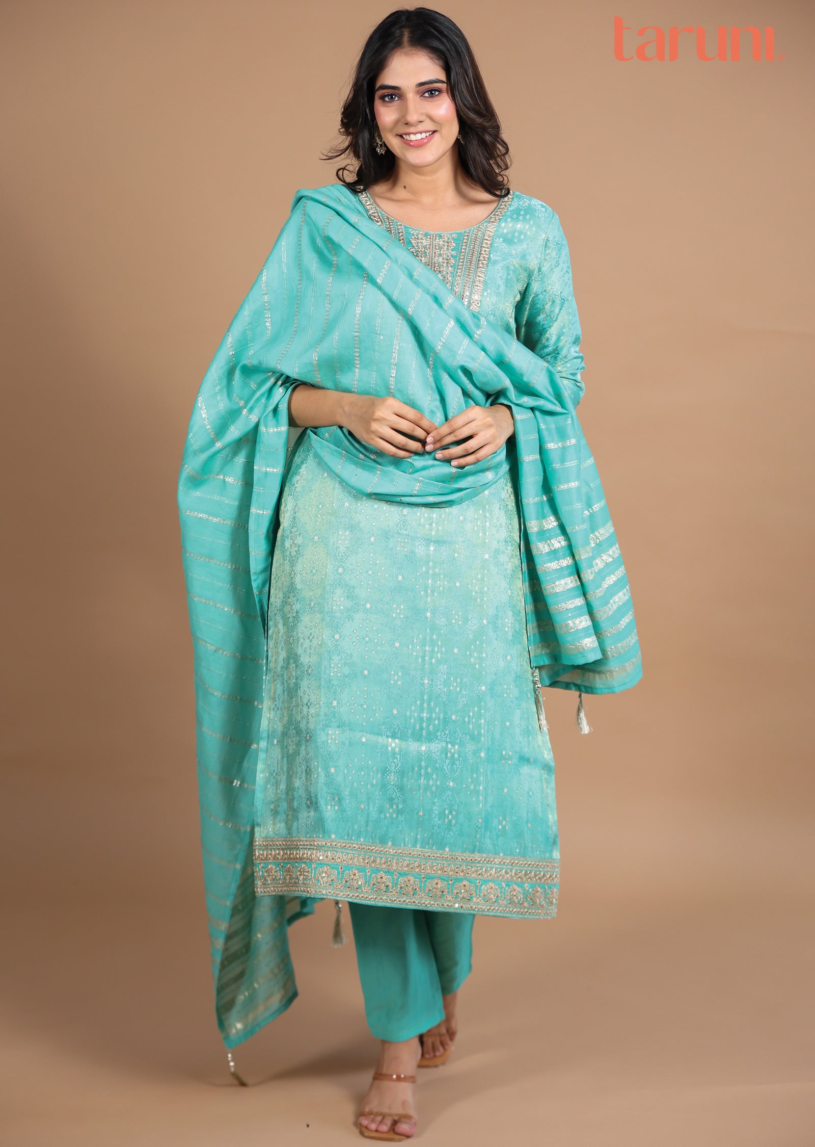 Green Banara Tissue Silk Straight cut suits